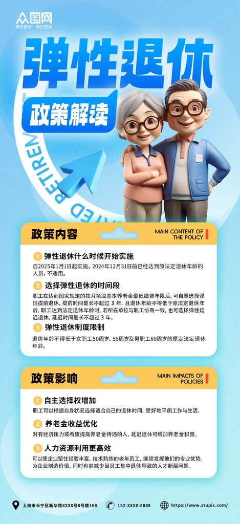 蓝色弹性退休政策解读宣传海报素材