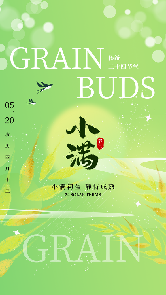 小满节气夏季夏日小麦稻田手机H5宣传海报素材