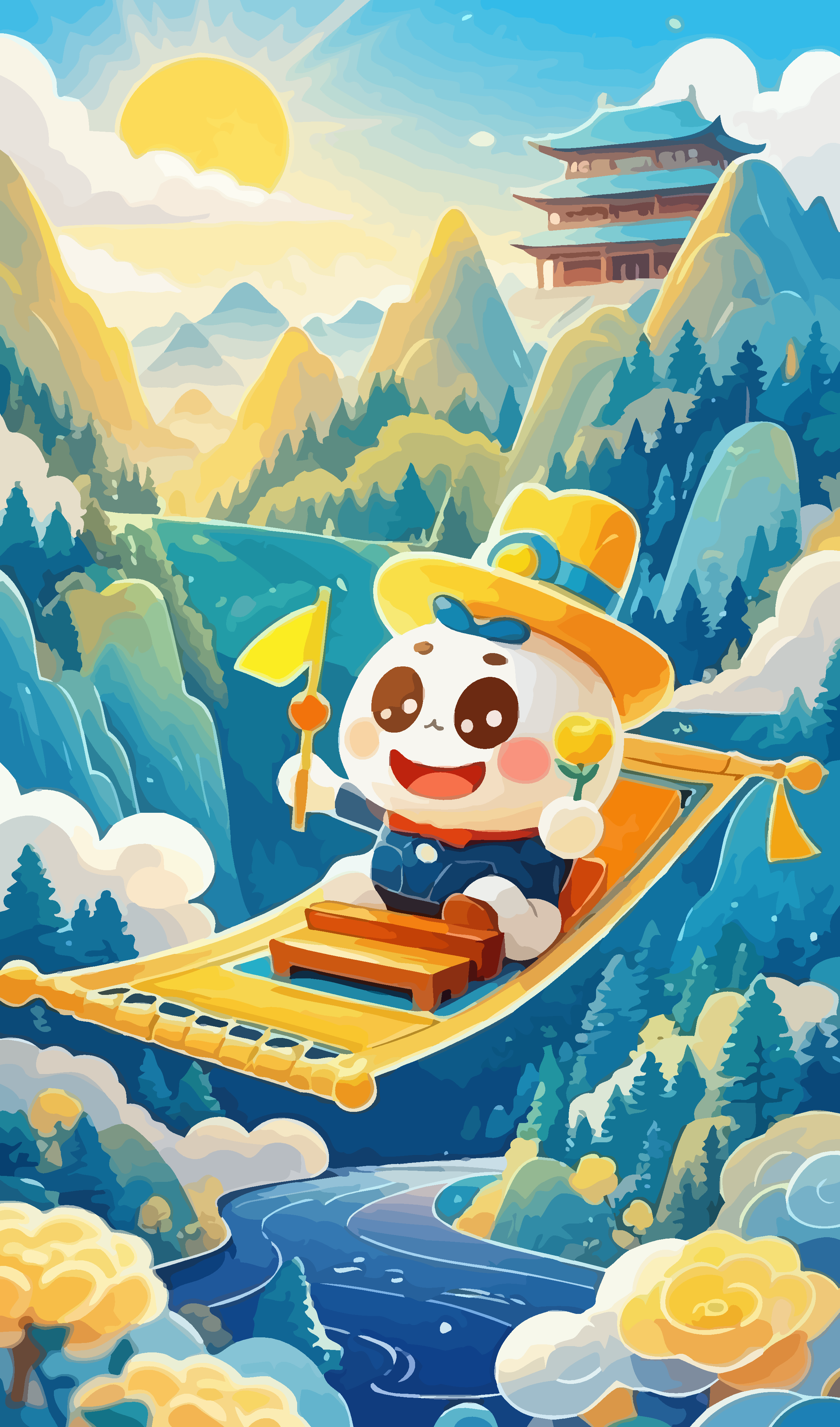 坐飞毯的呆萌卡通小孩矢量插画图形元素素材
