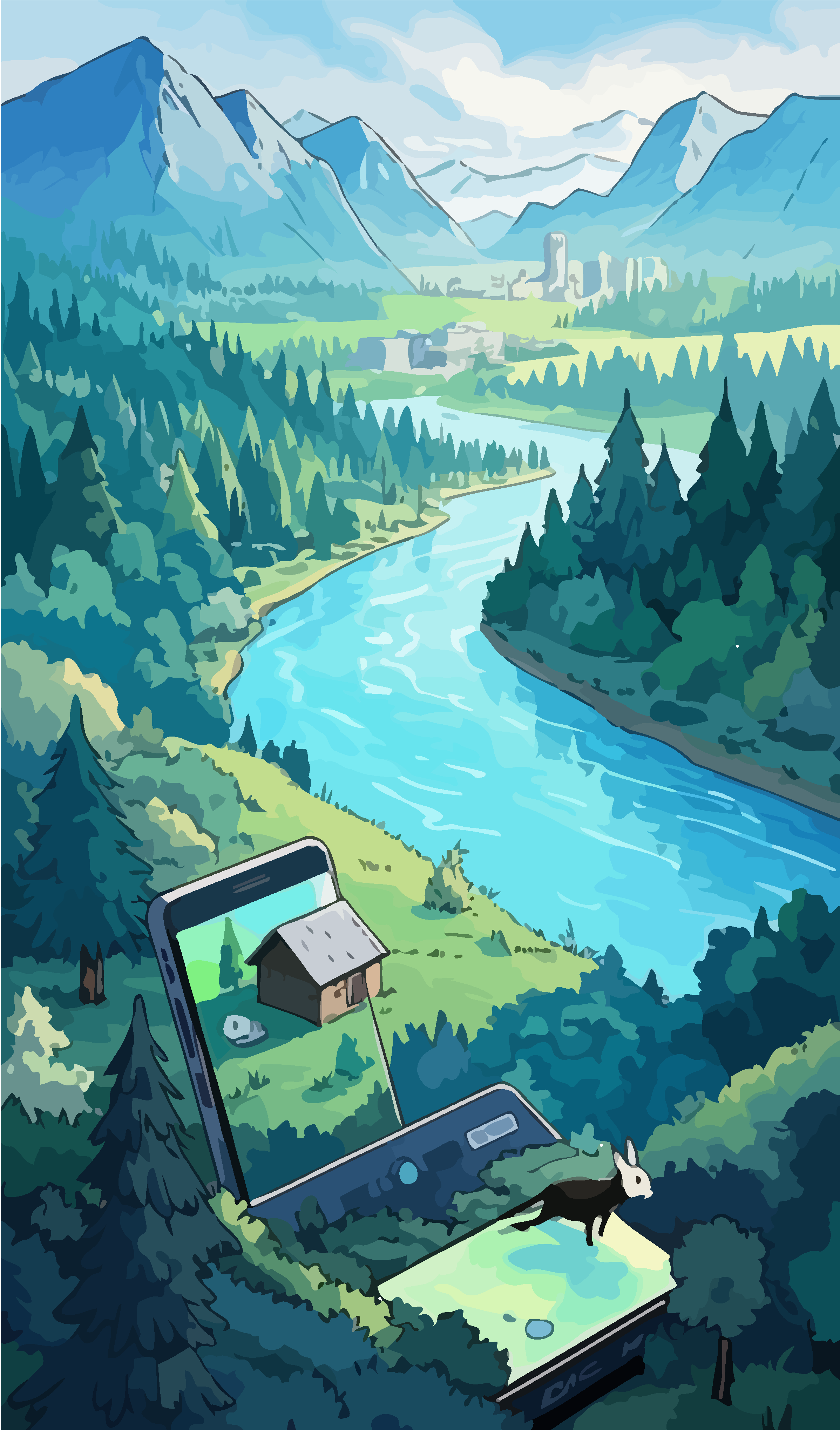 创意手机风景山川矢量插画图形元素素材