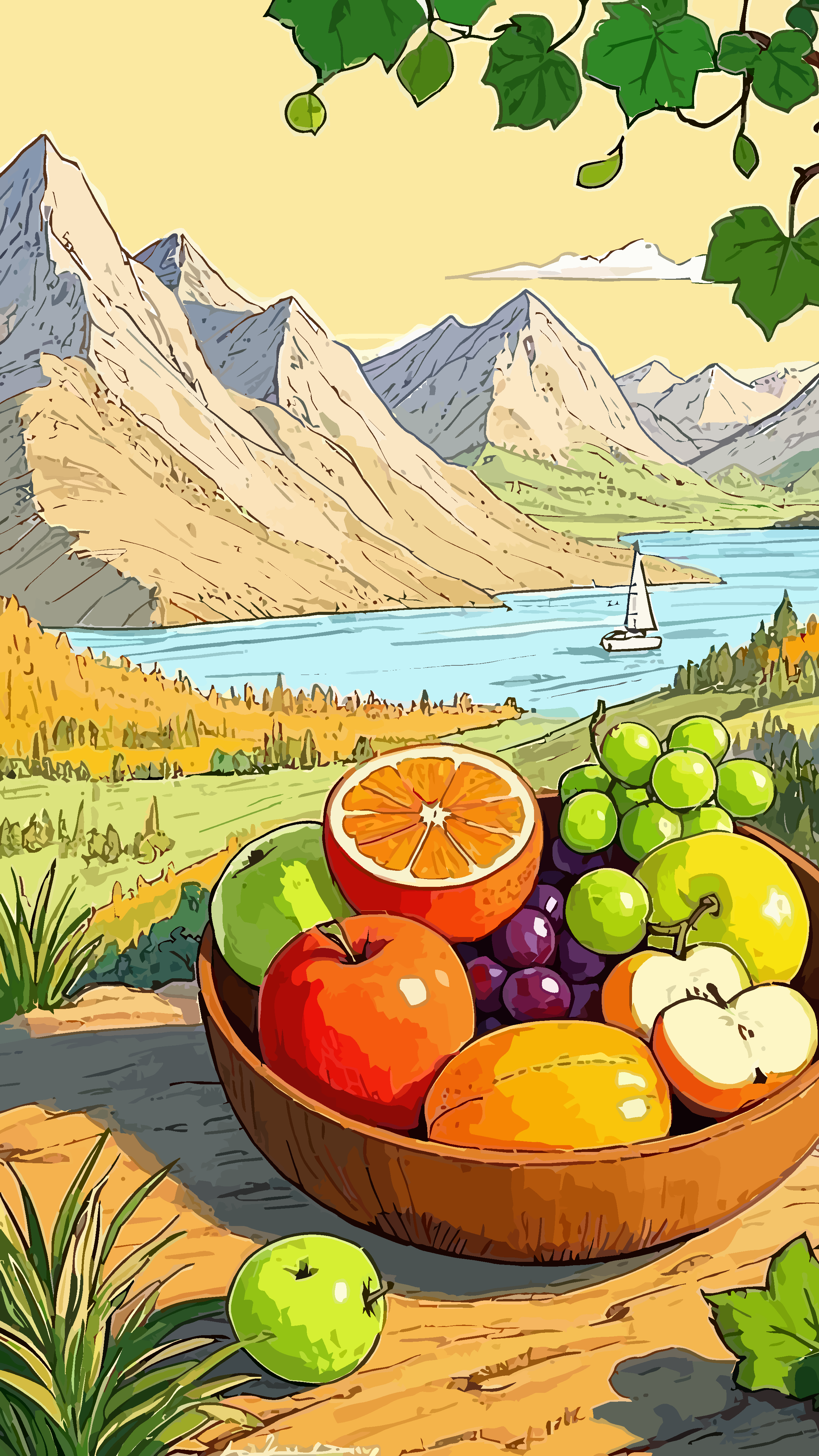 山水风景果盘水果矢量插画图形素材
