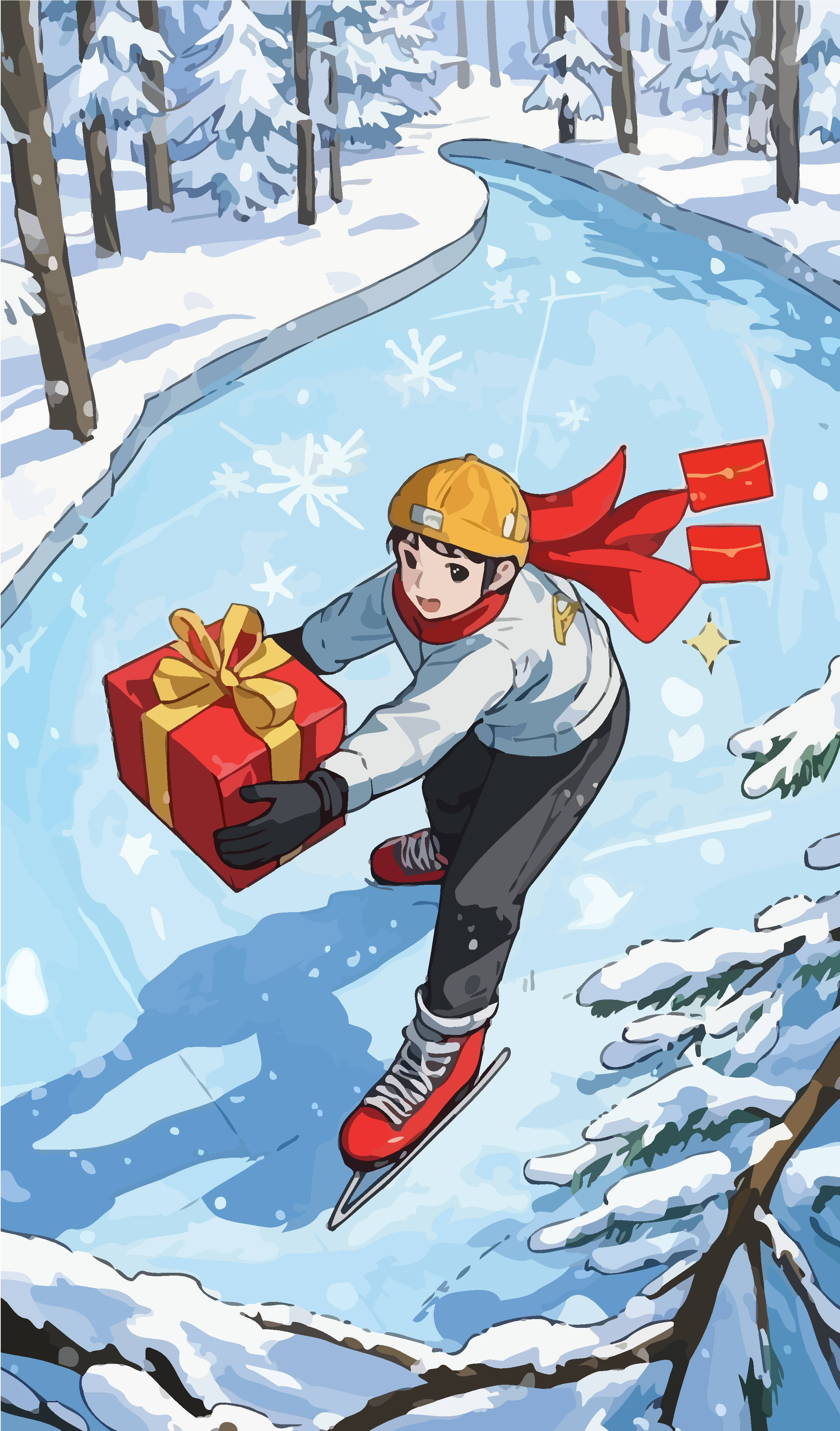 滑雪男孩春节礼盒矢量插画图形素材