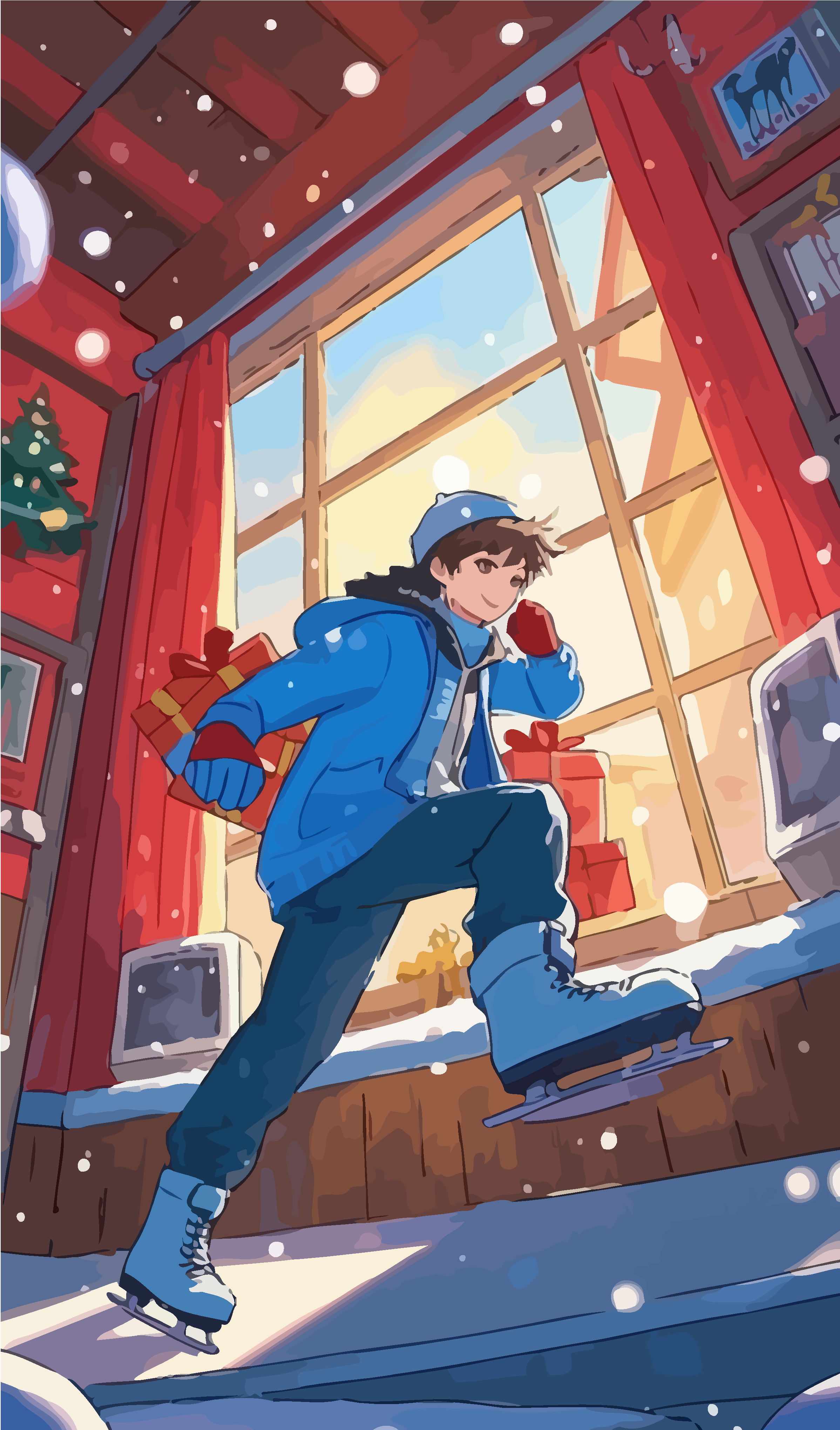 滑雪男孩春节礼盒矢量插画图形素材