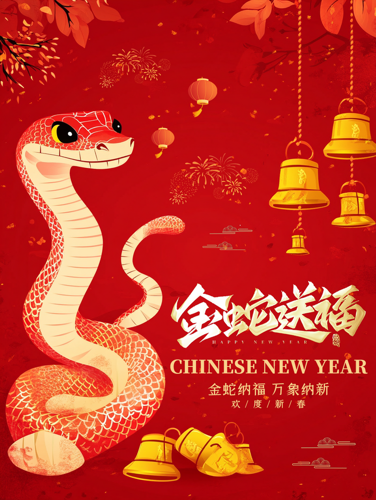 红色简约喜庆金蛇送福海报素材