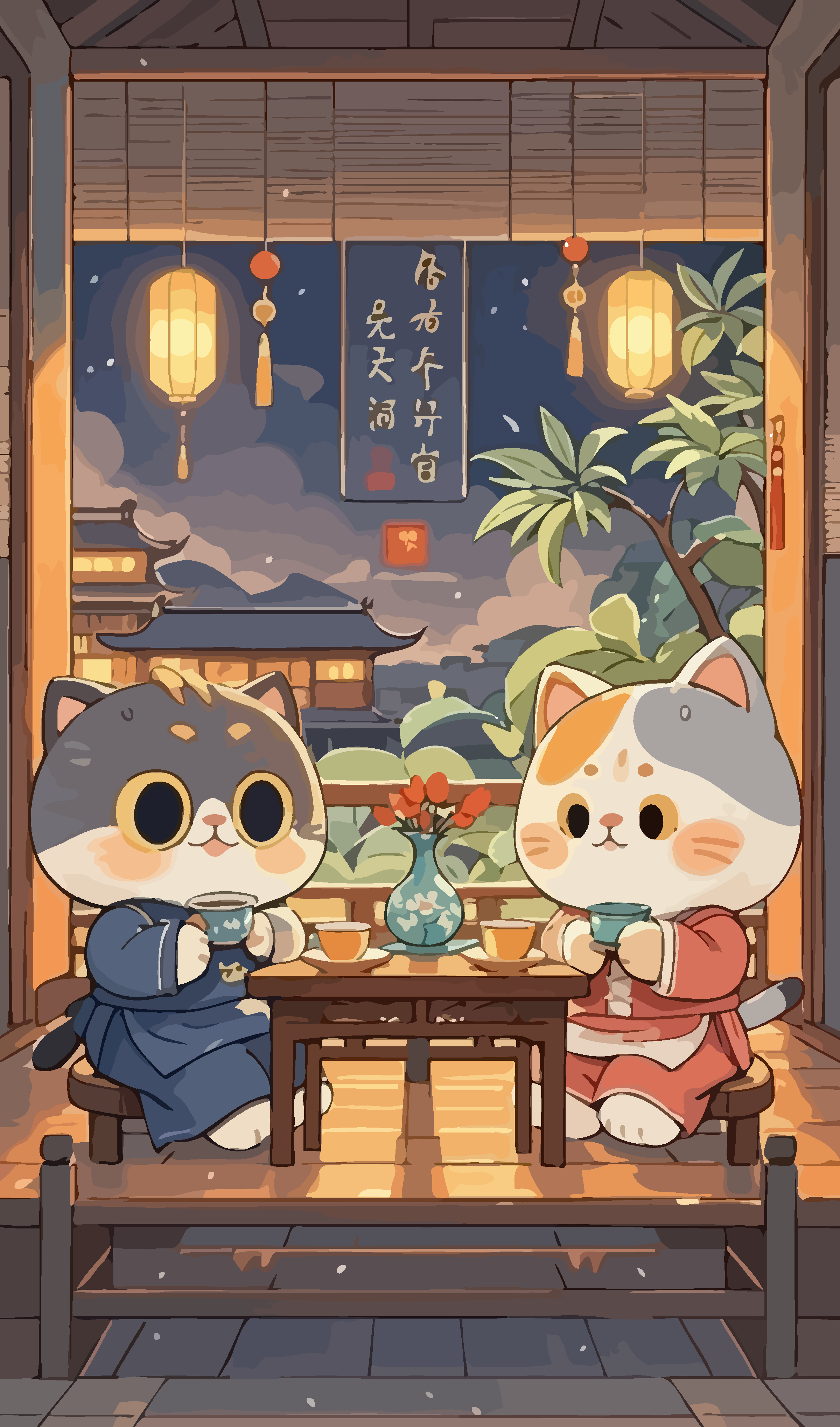 品茶的猫咪矢量插画图形素材