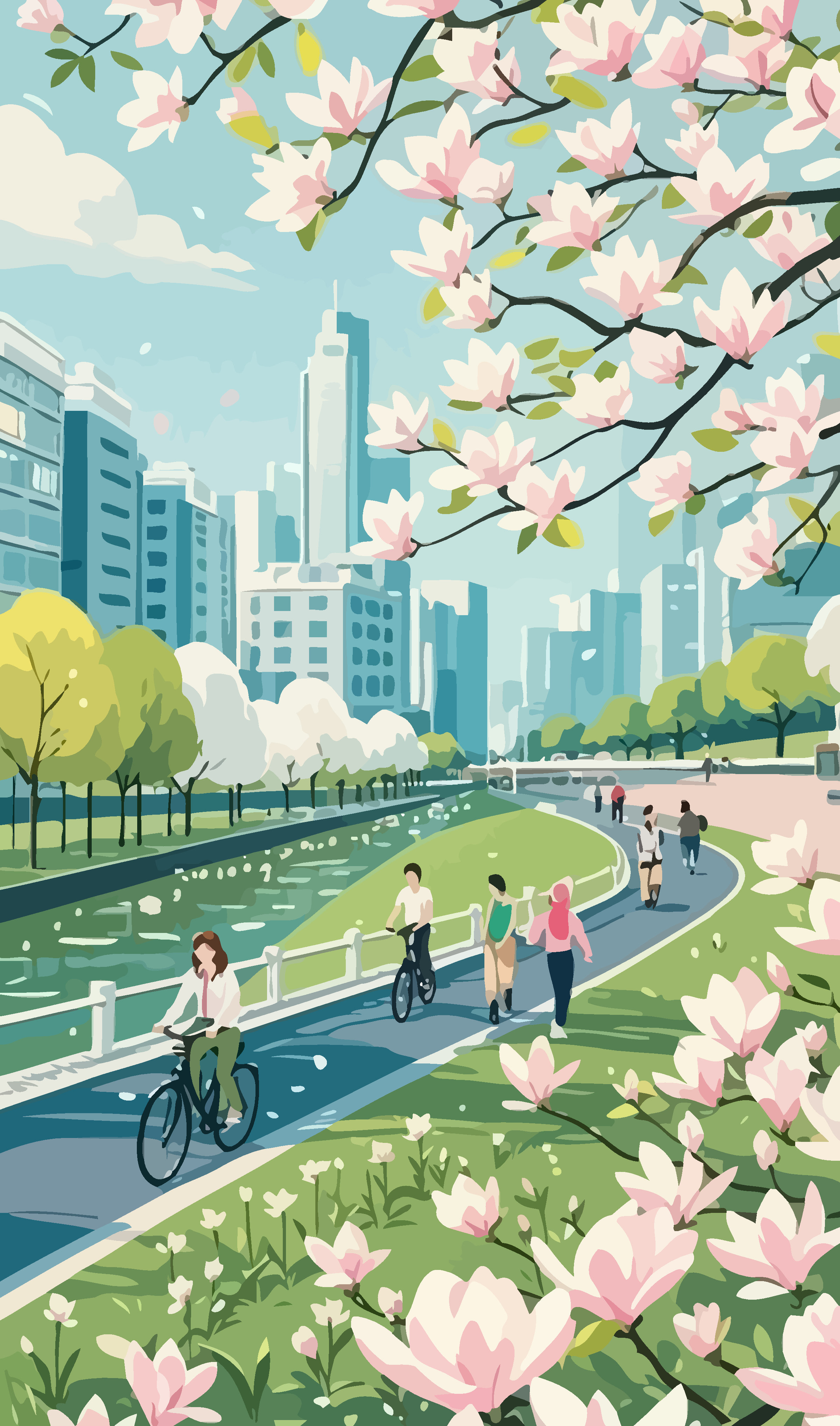 玉兰花街景矢量插画图形元素素材