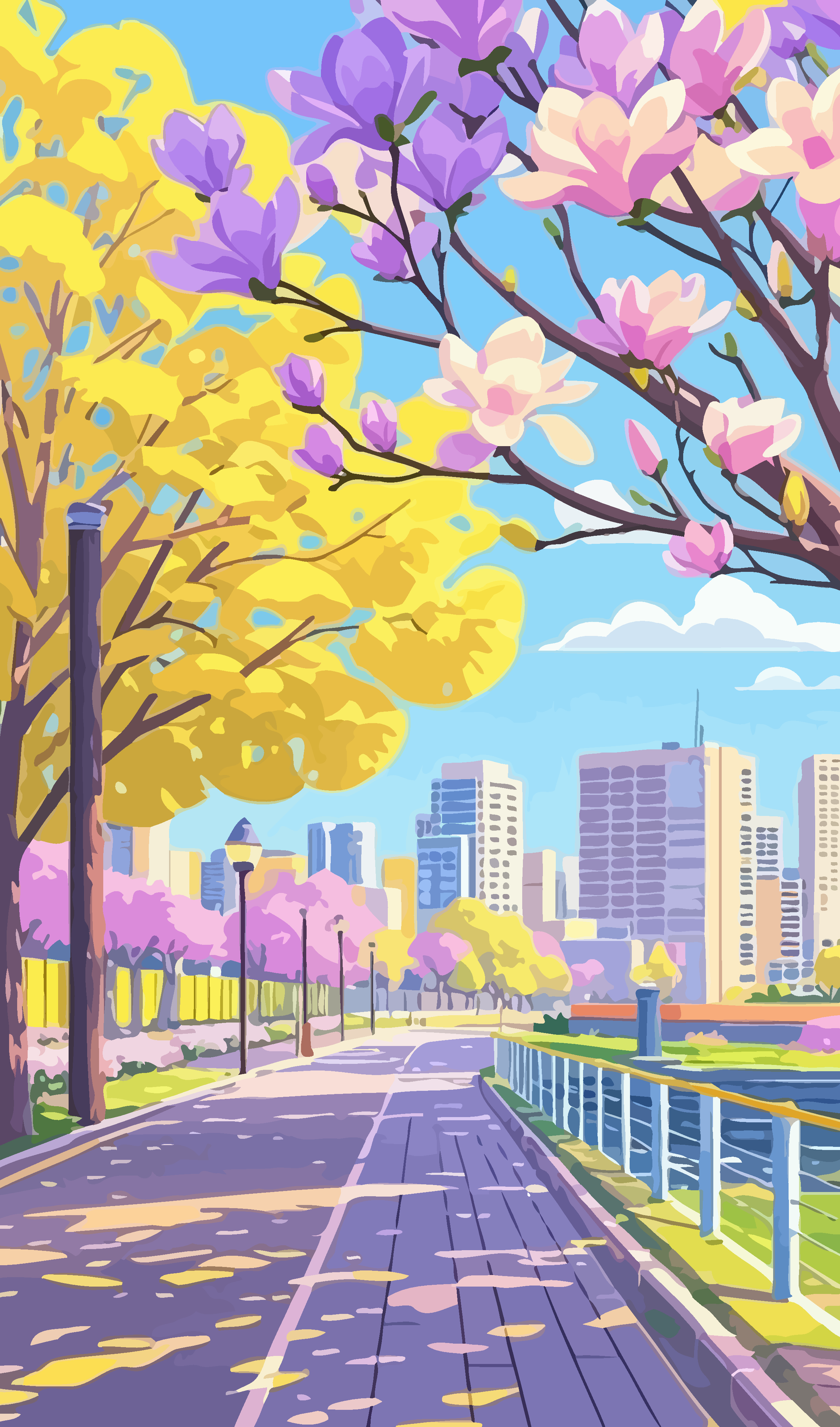 玉兰花街景矢量插画图形素材