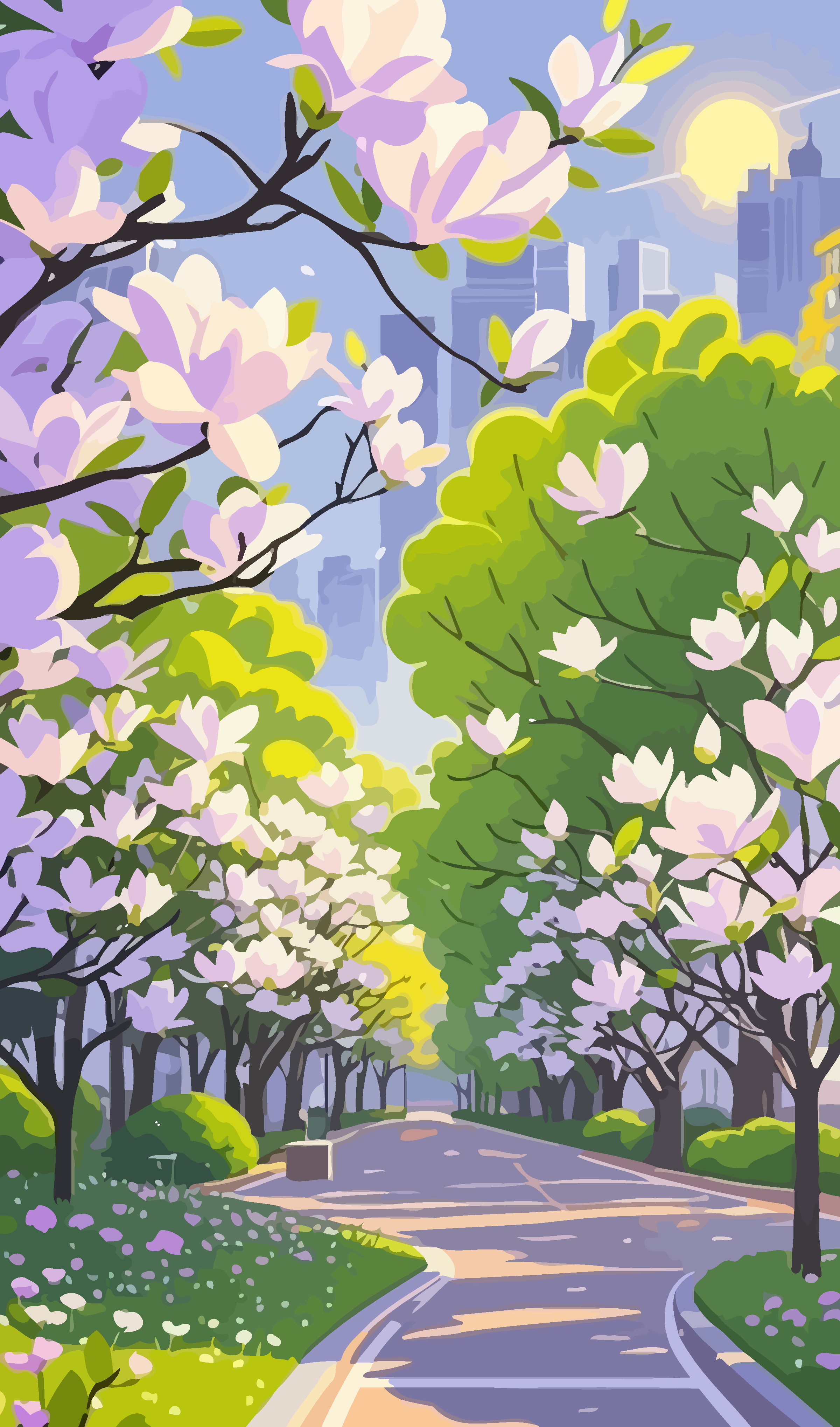 玉兰花街景矢量插画图形素材