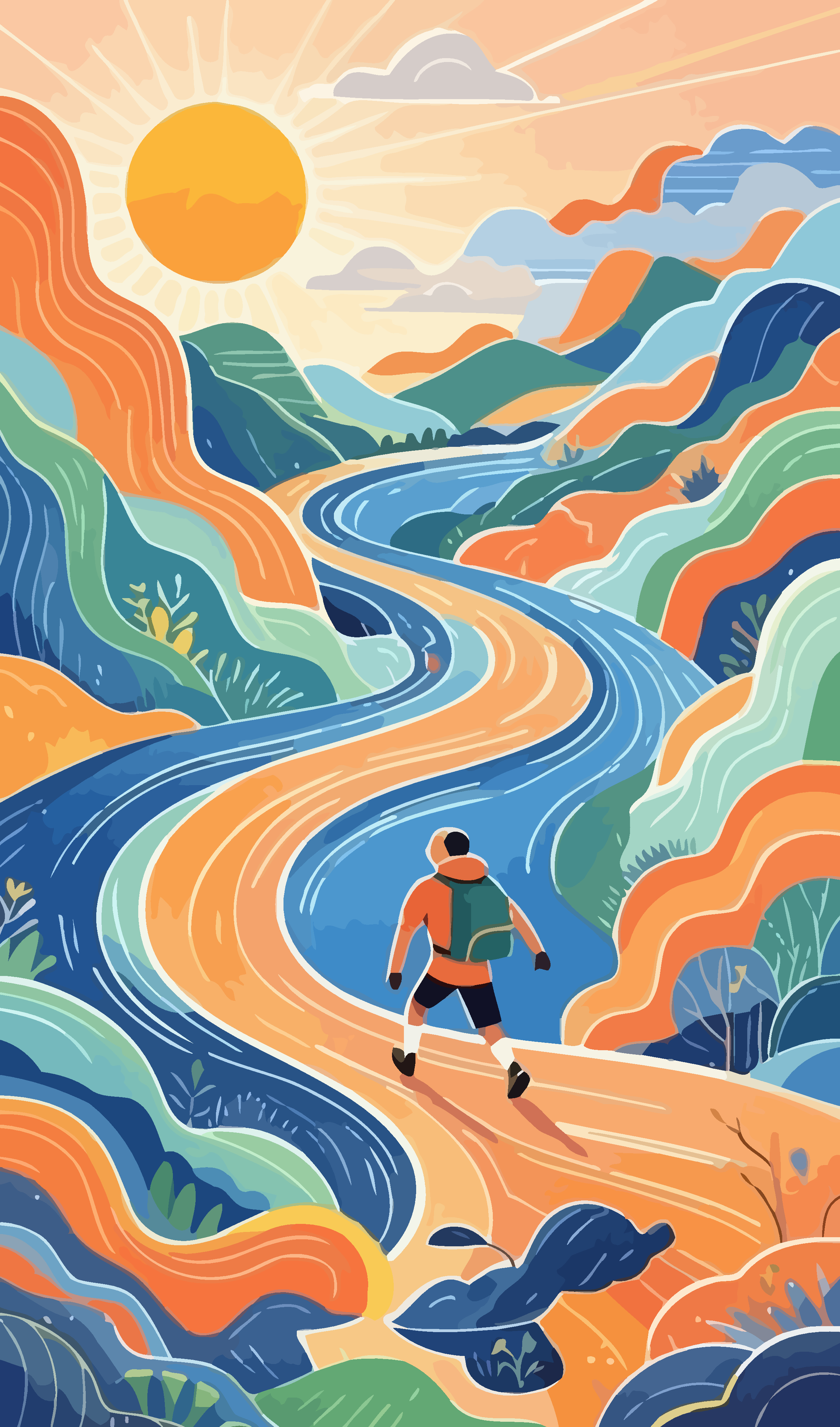 登山青年山川风光户外运动矢量插画图形元素素材