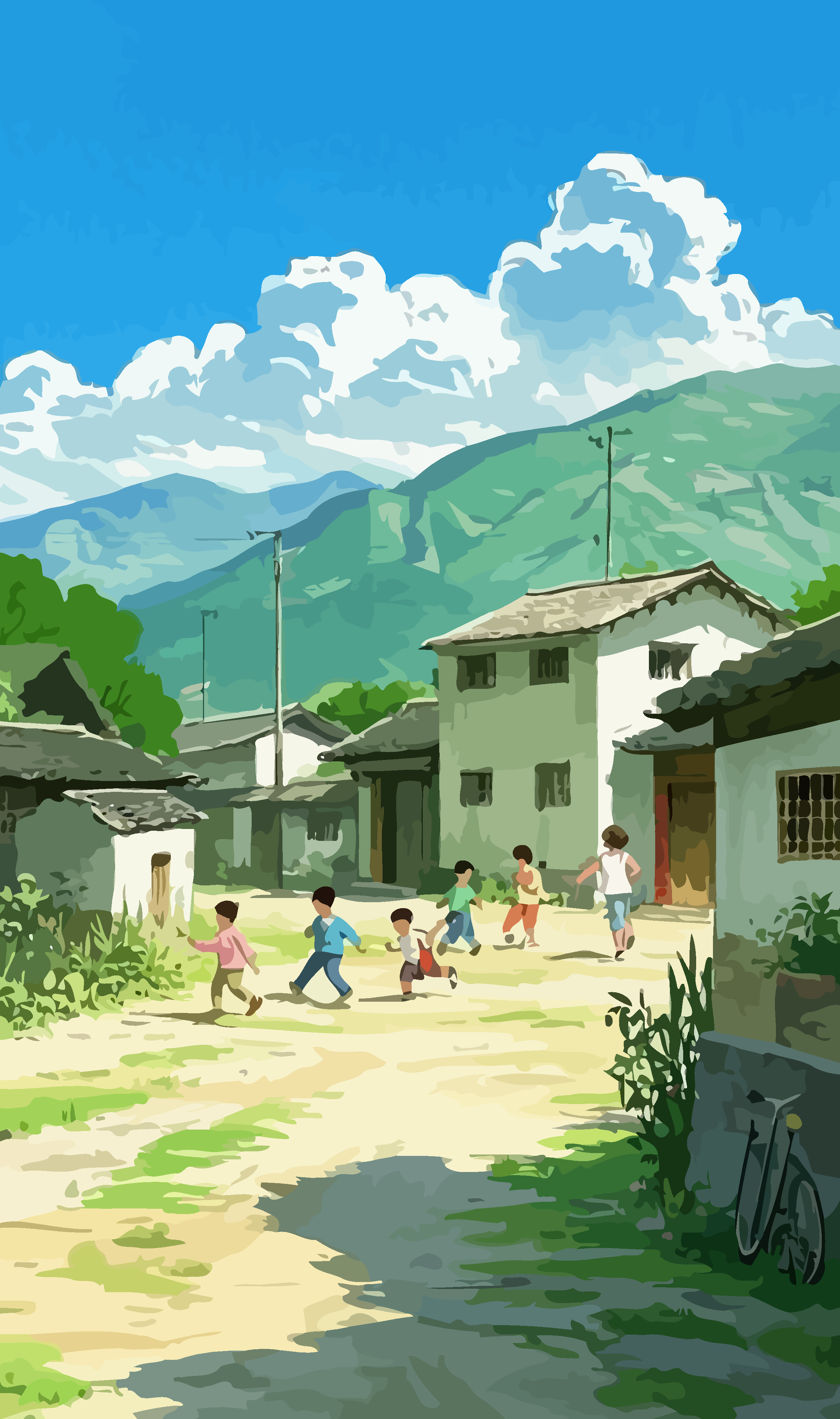 一插画远山小院80年代乡村土路素材