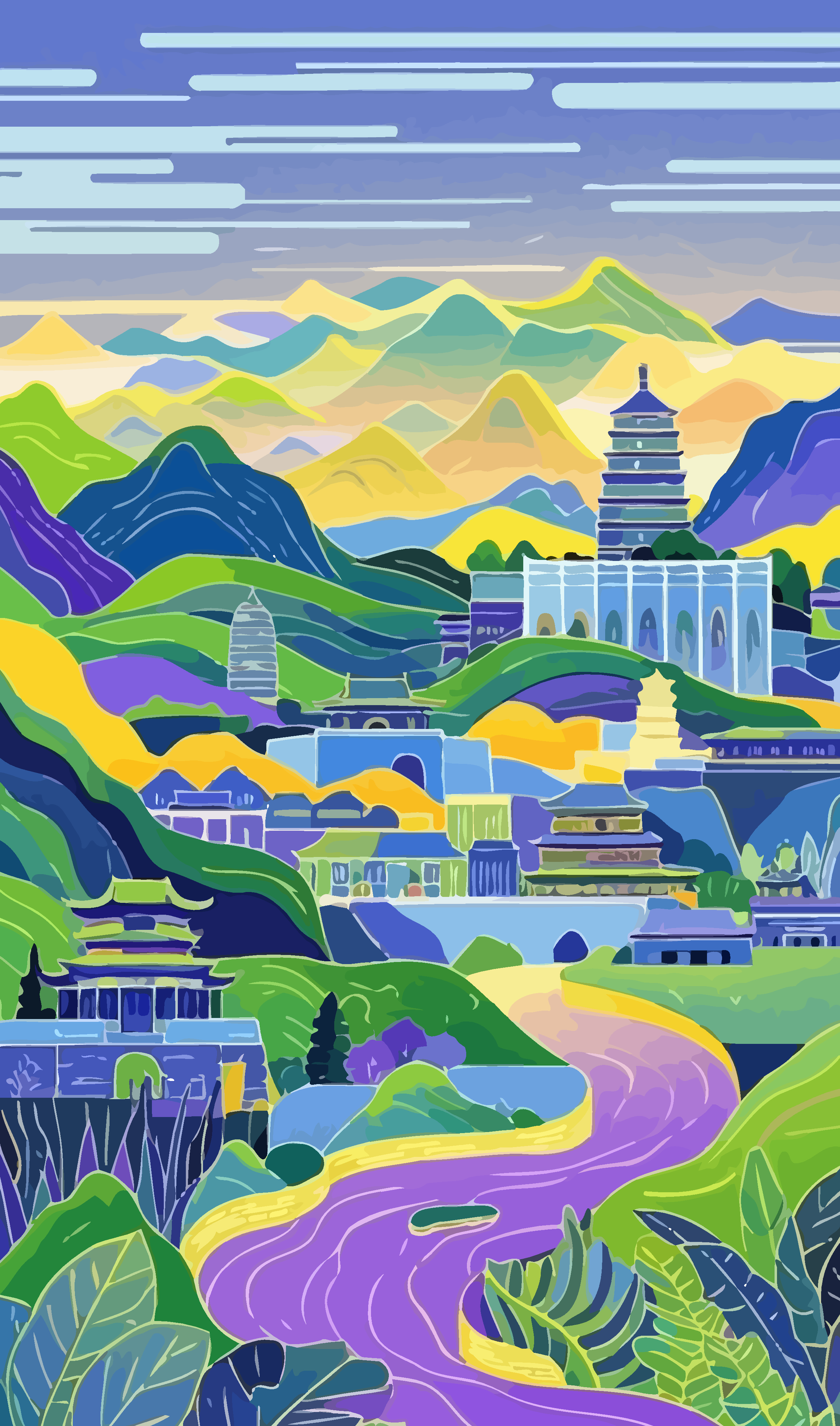 山水古建筑矢量插画图形素材