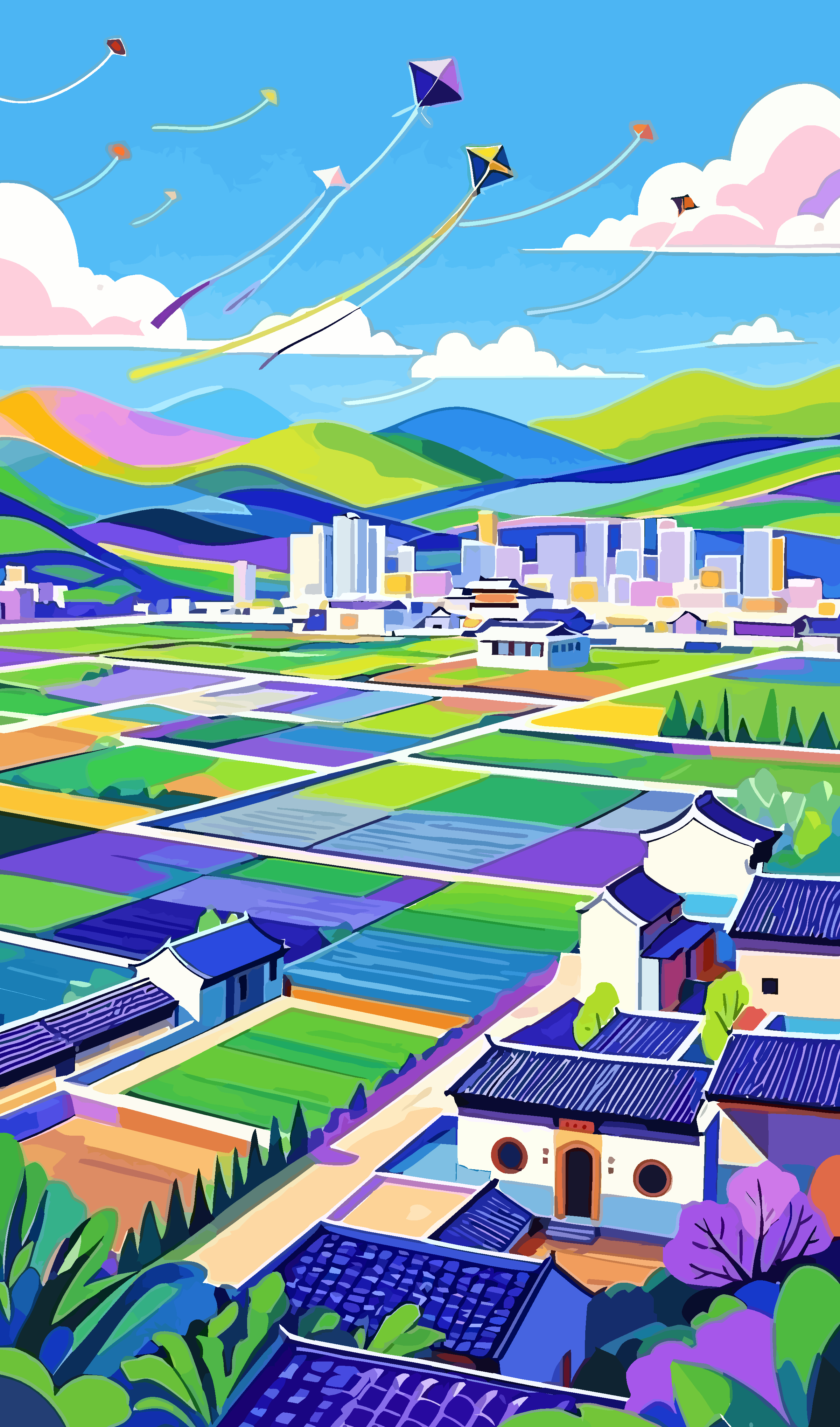 山水古建筑矢量插画图形素材