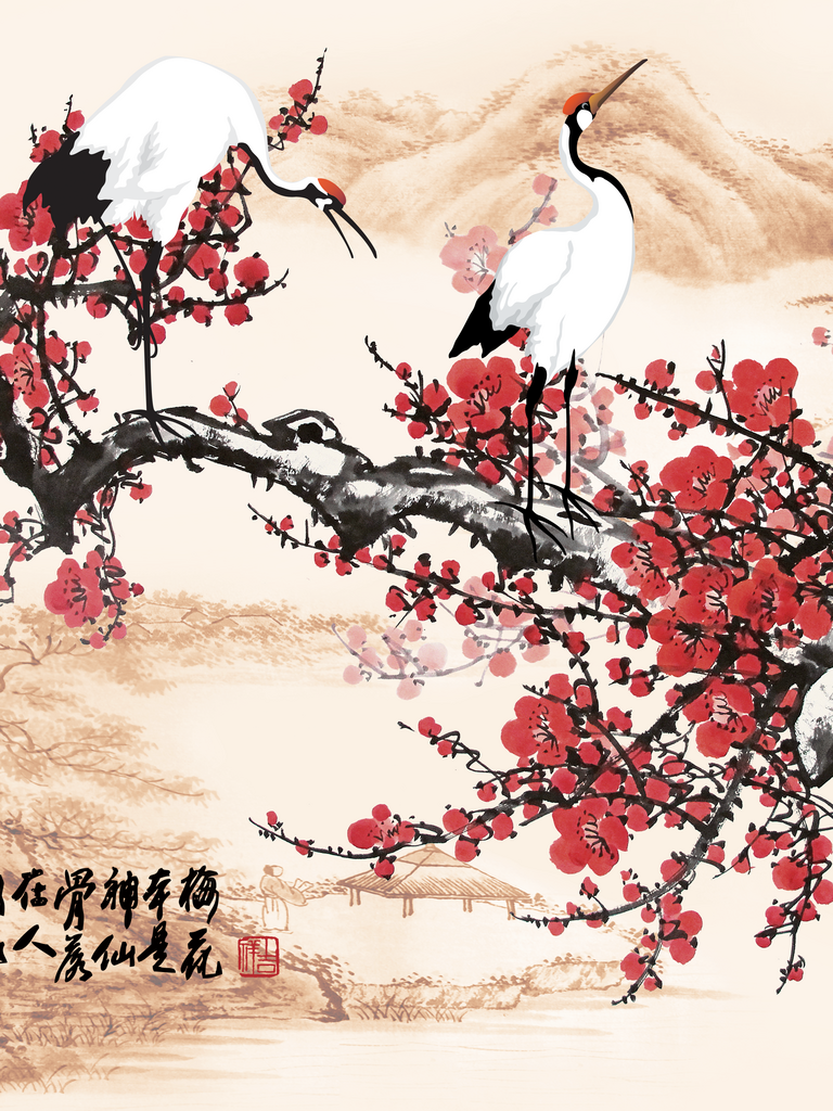 梅花仙鹤中式装饰画素材