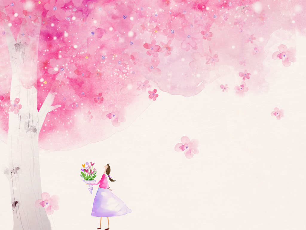 浪漫樱花与女孩插画背景素材