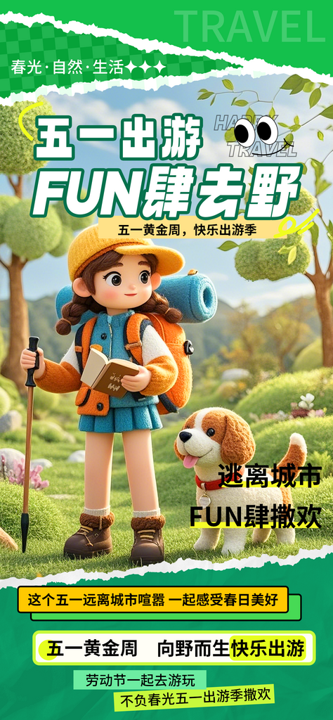 五一劳动节黄金周毛绒可爱风撕纸出游季海报素材