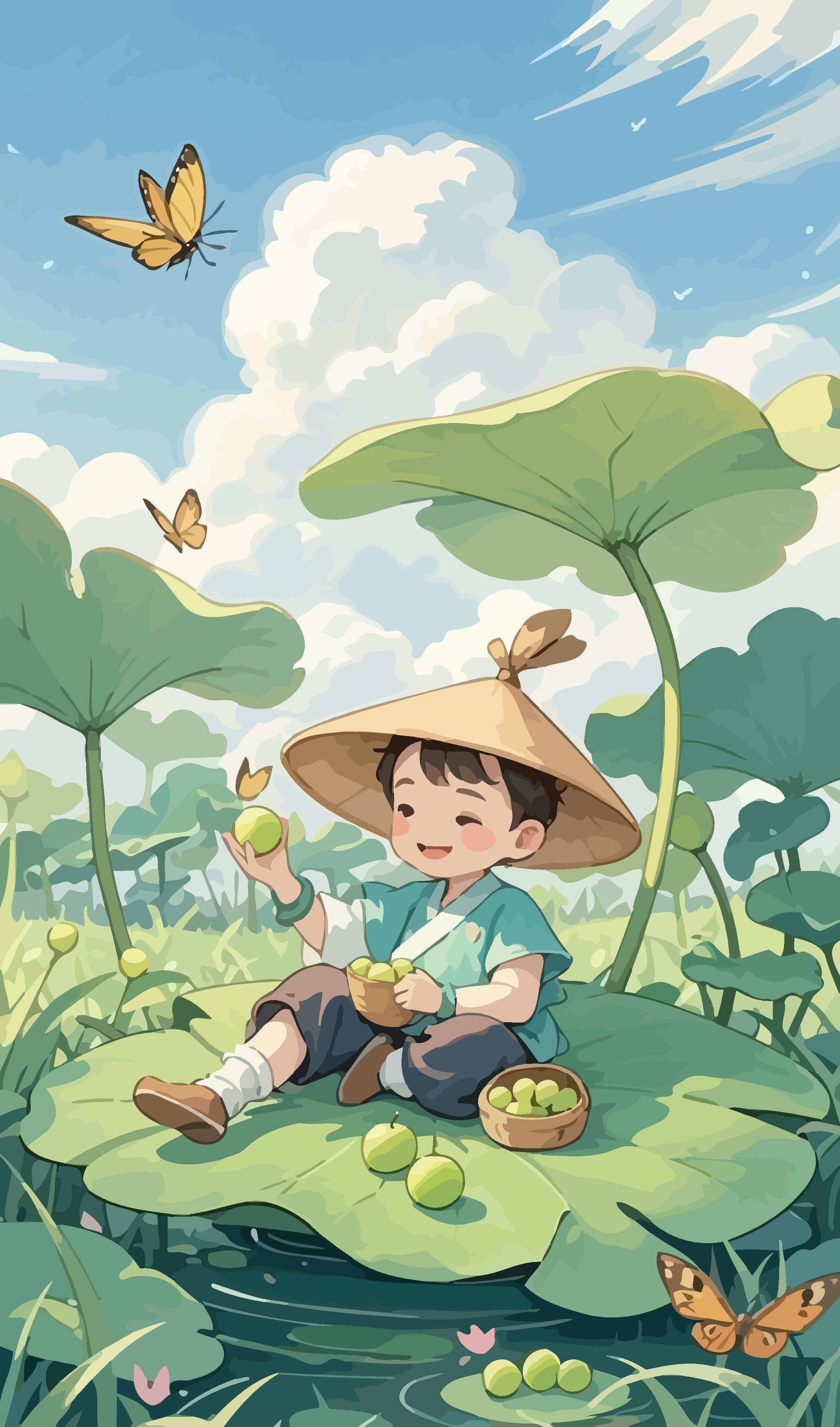 荷叶上小孩矢量插画图形素材