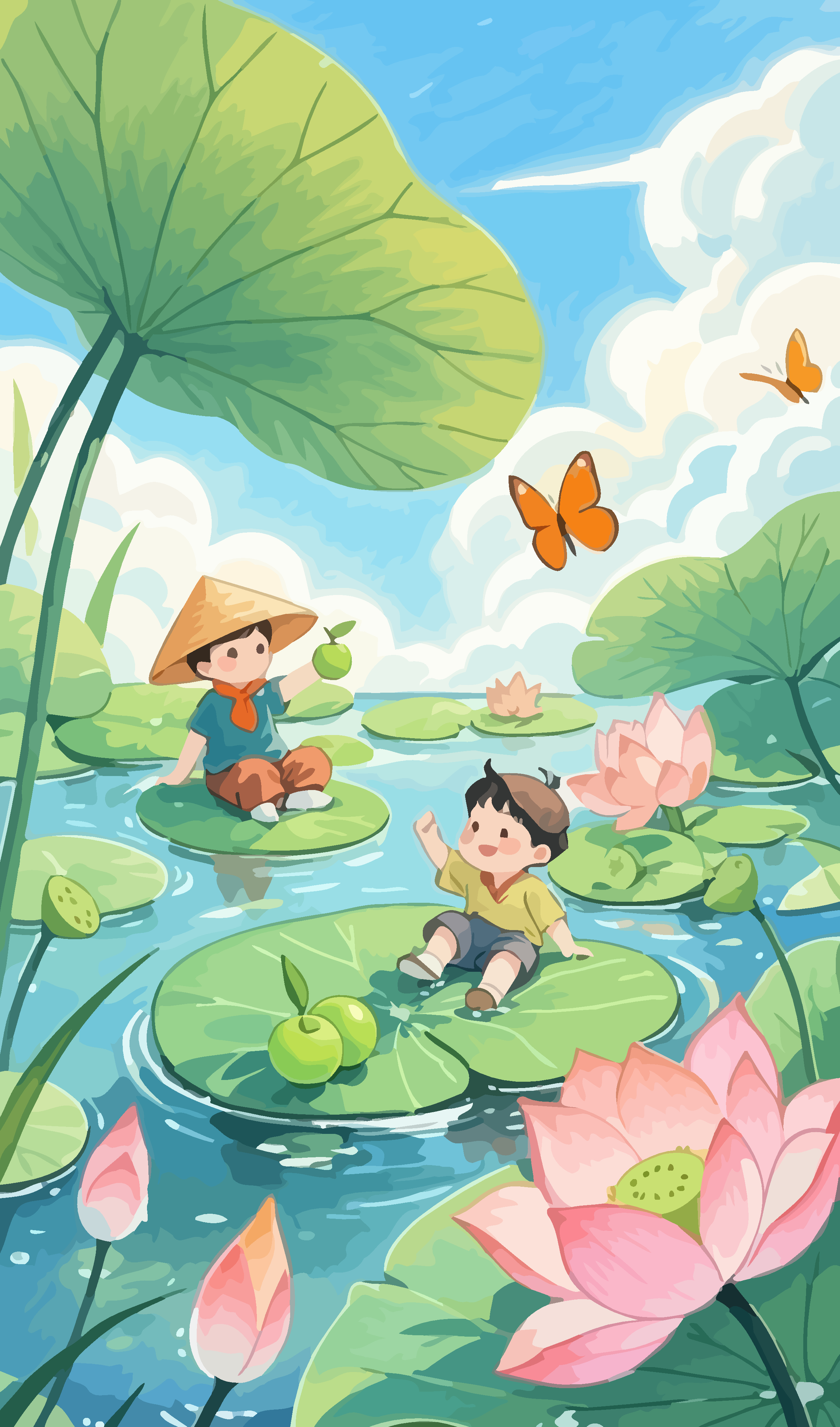 荷叶上小孩矢量插画图形素材