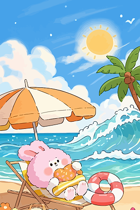 晒太阳的兔子海边兔子矢量插画图形元素素材下载-众图网