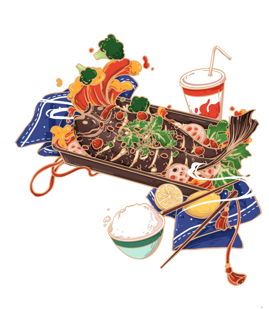 国潮风中国美食手绘插画素材