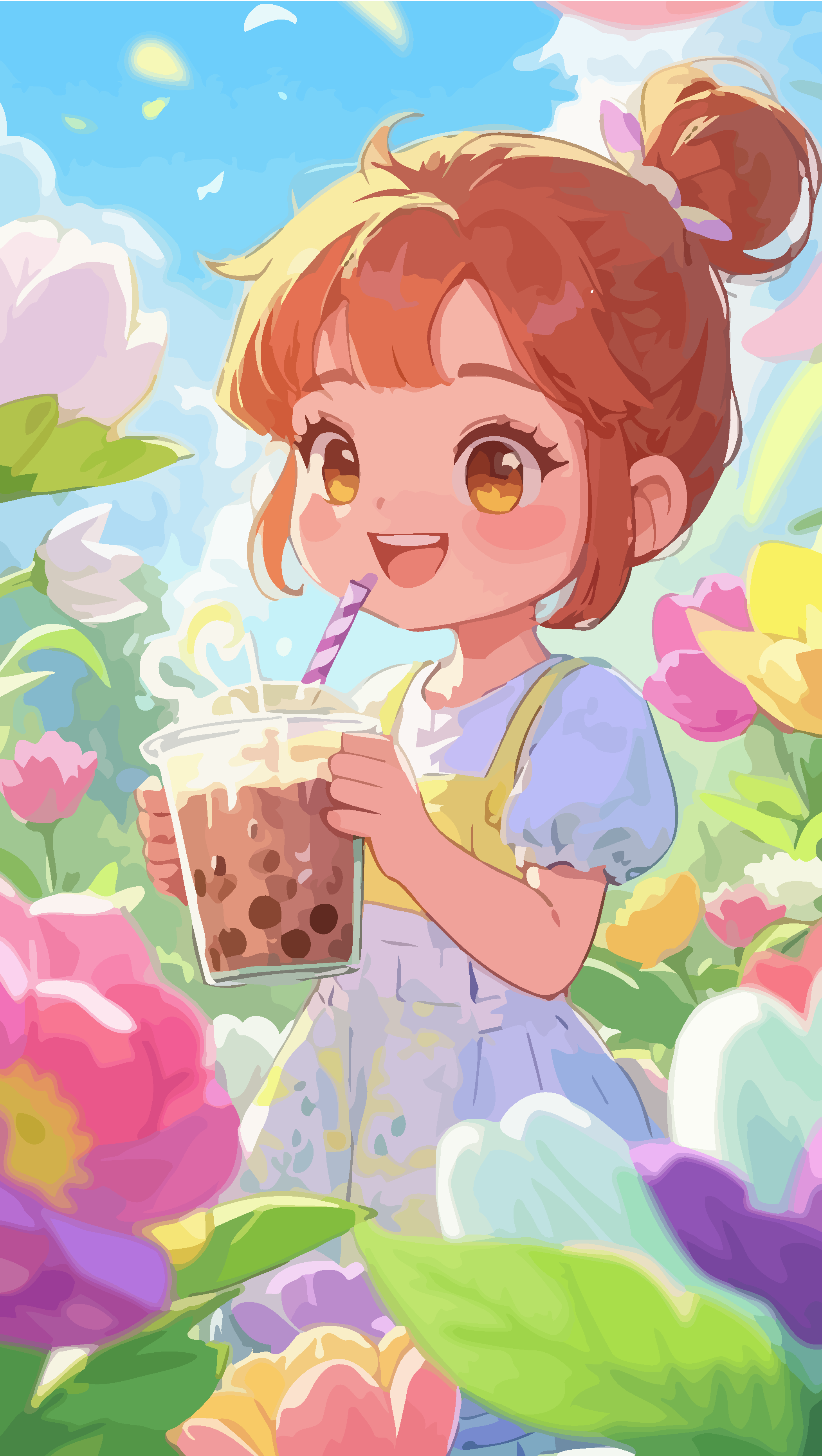 矢量Q版女孩喝奶茶插画素材