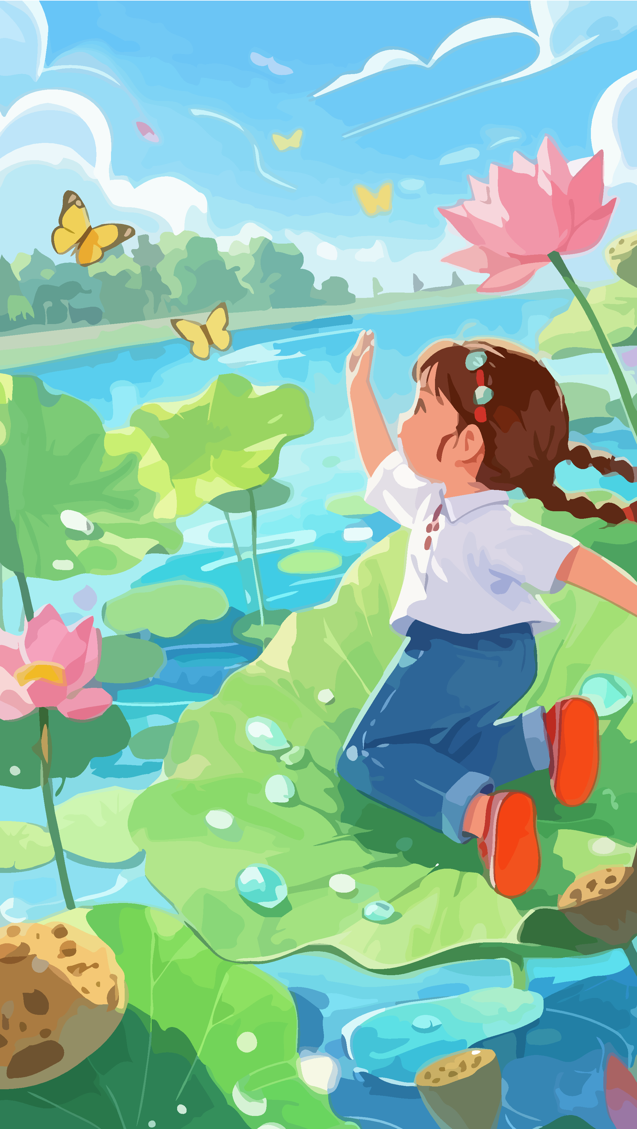 矢量Q版站荷叶上的女孩插画元素素材