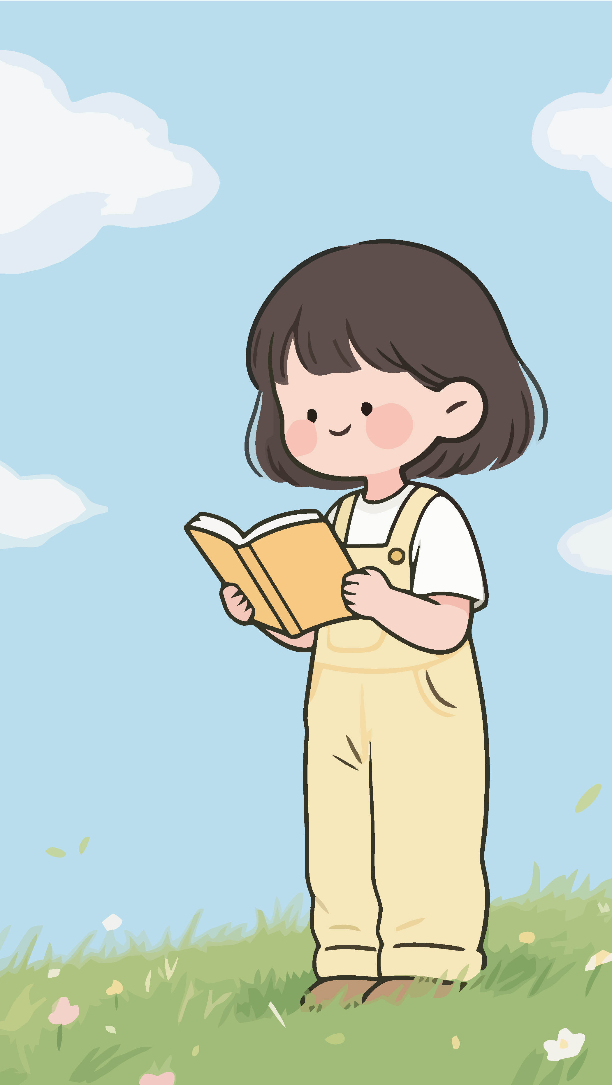 Q版矢量女孩站在草地上看书插画元素素材