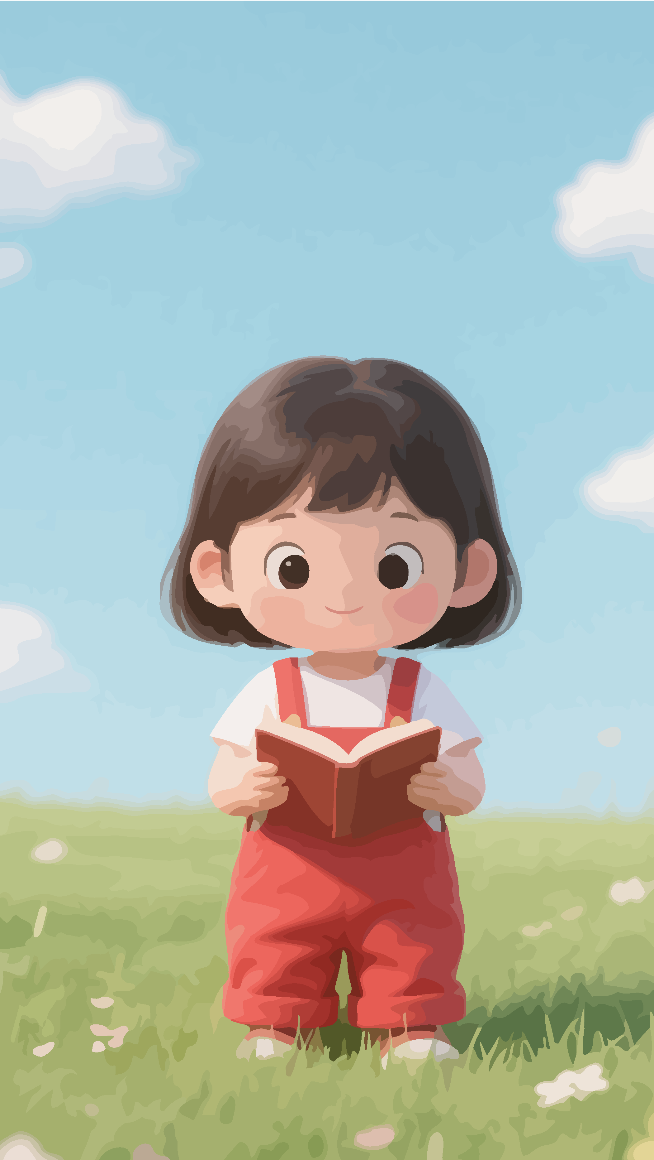 Q版矢量女孩站在草地上看书插画素材