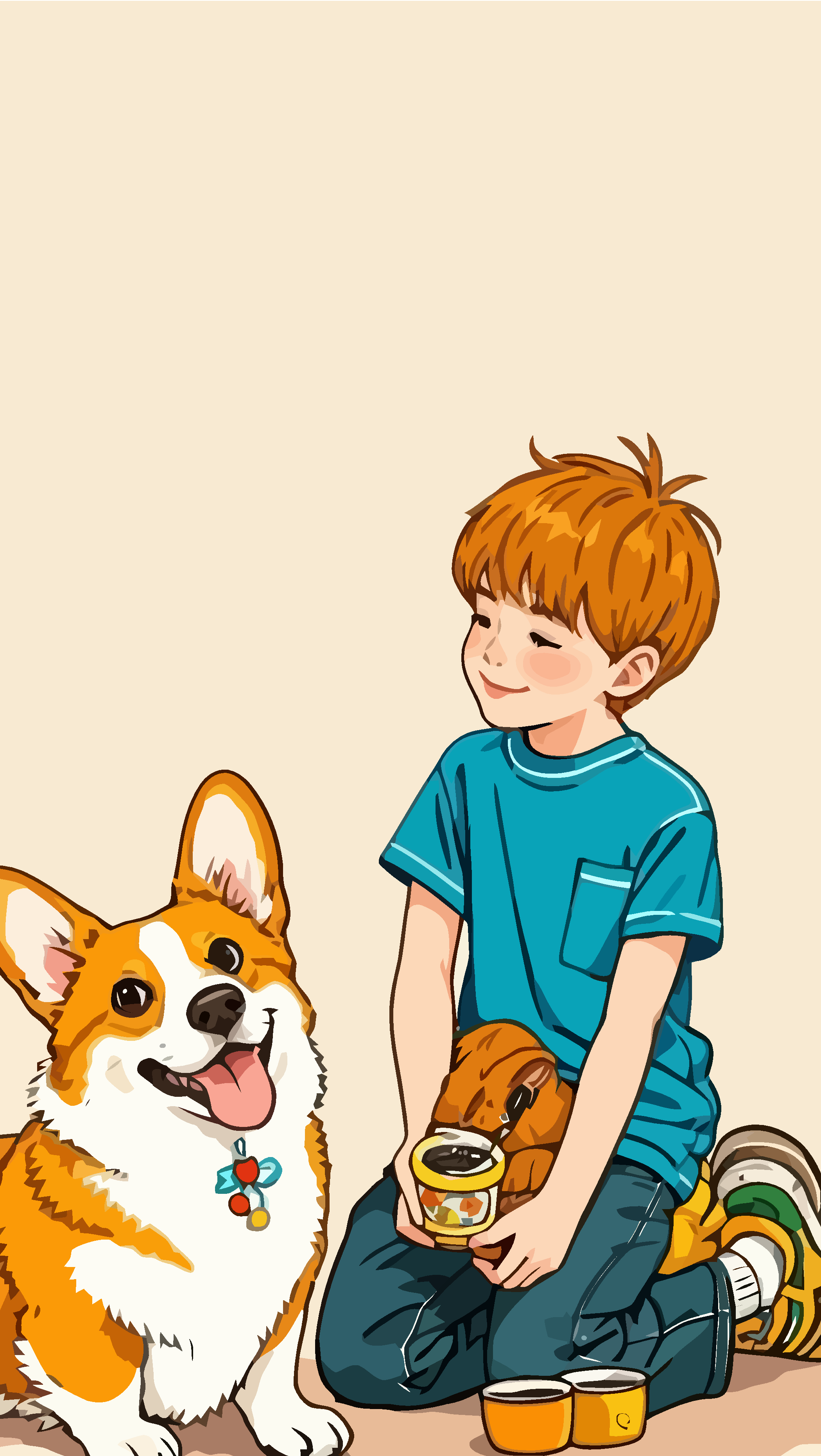 Q版卡通小男孩和柯基插画素材