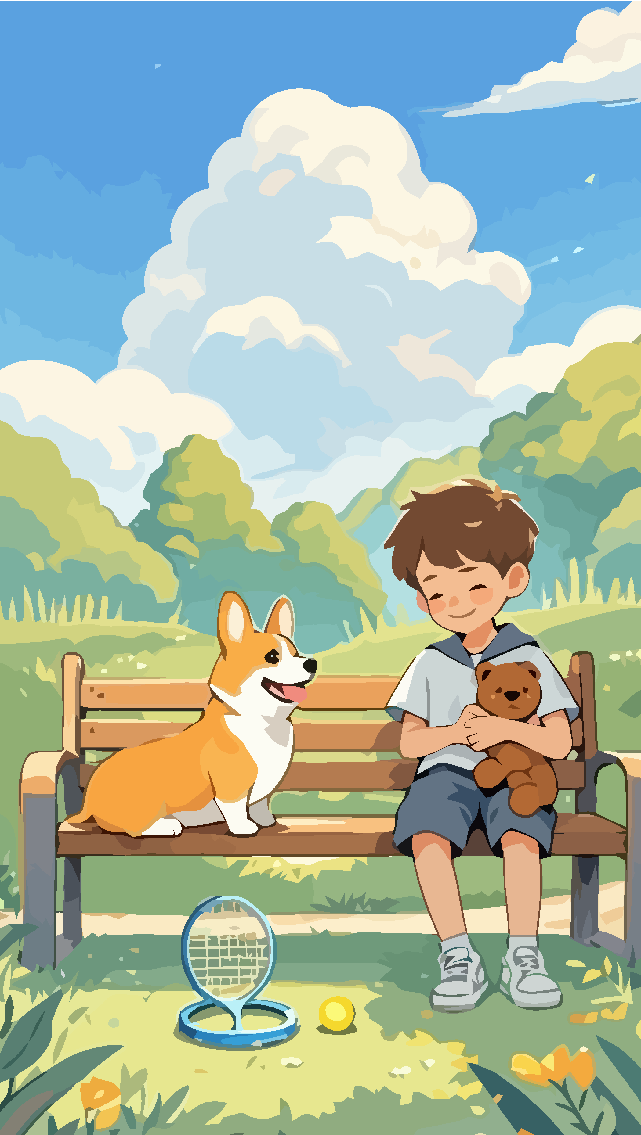 Q版卡通小男孩和柯基插画元素素材