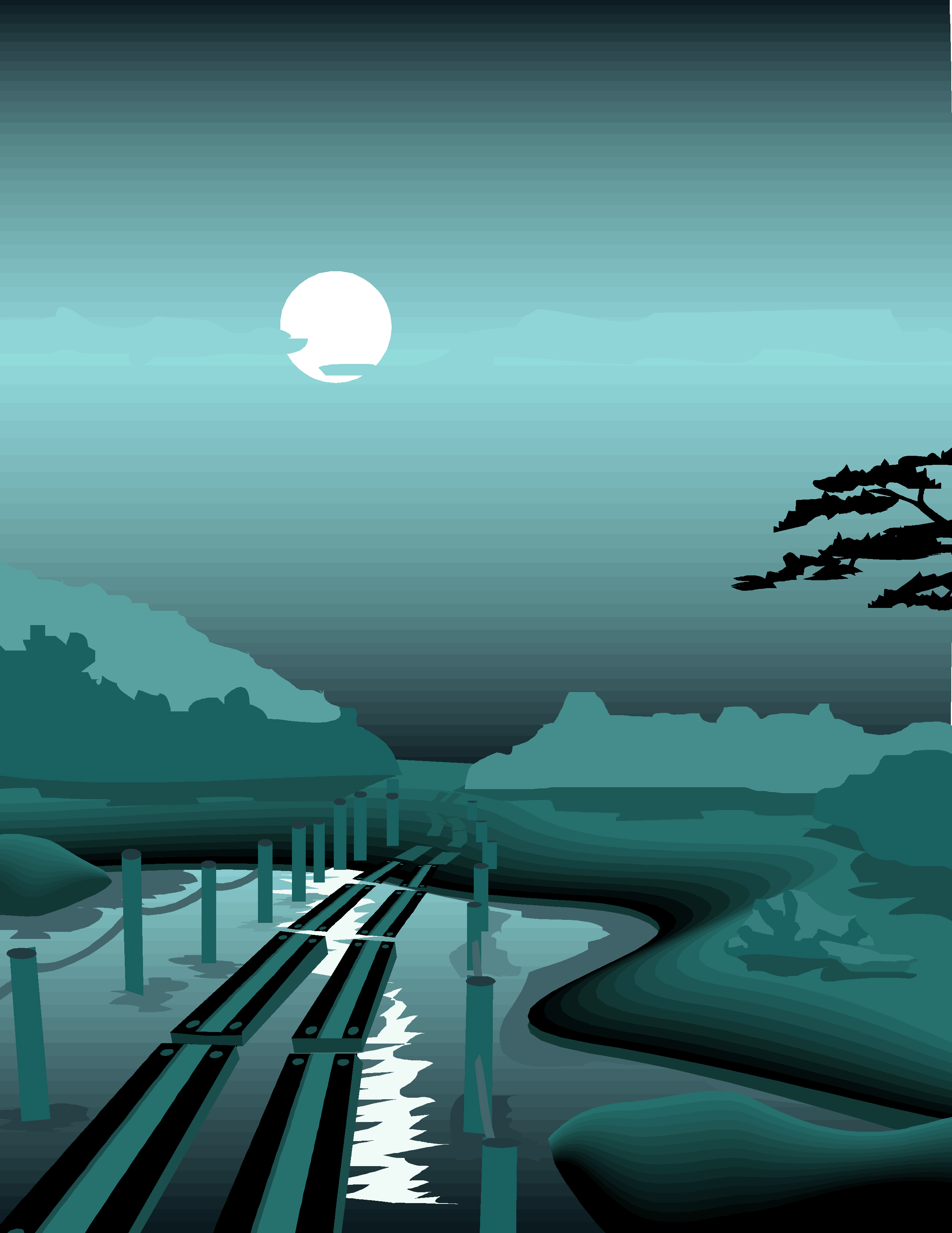 夜晚小桥河水插画素材