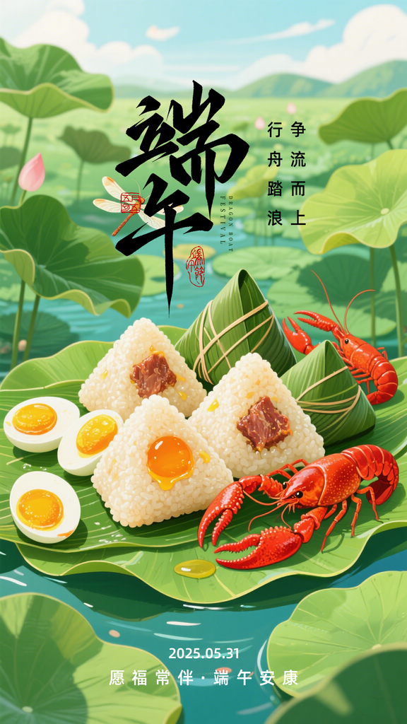 绿色卡通插画风端午节海报素材