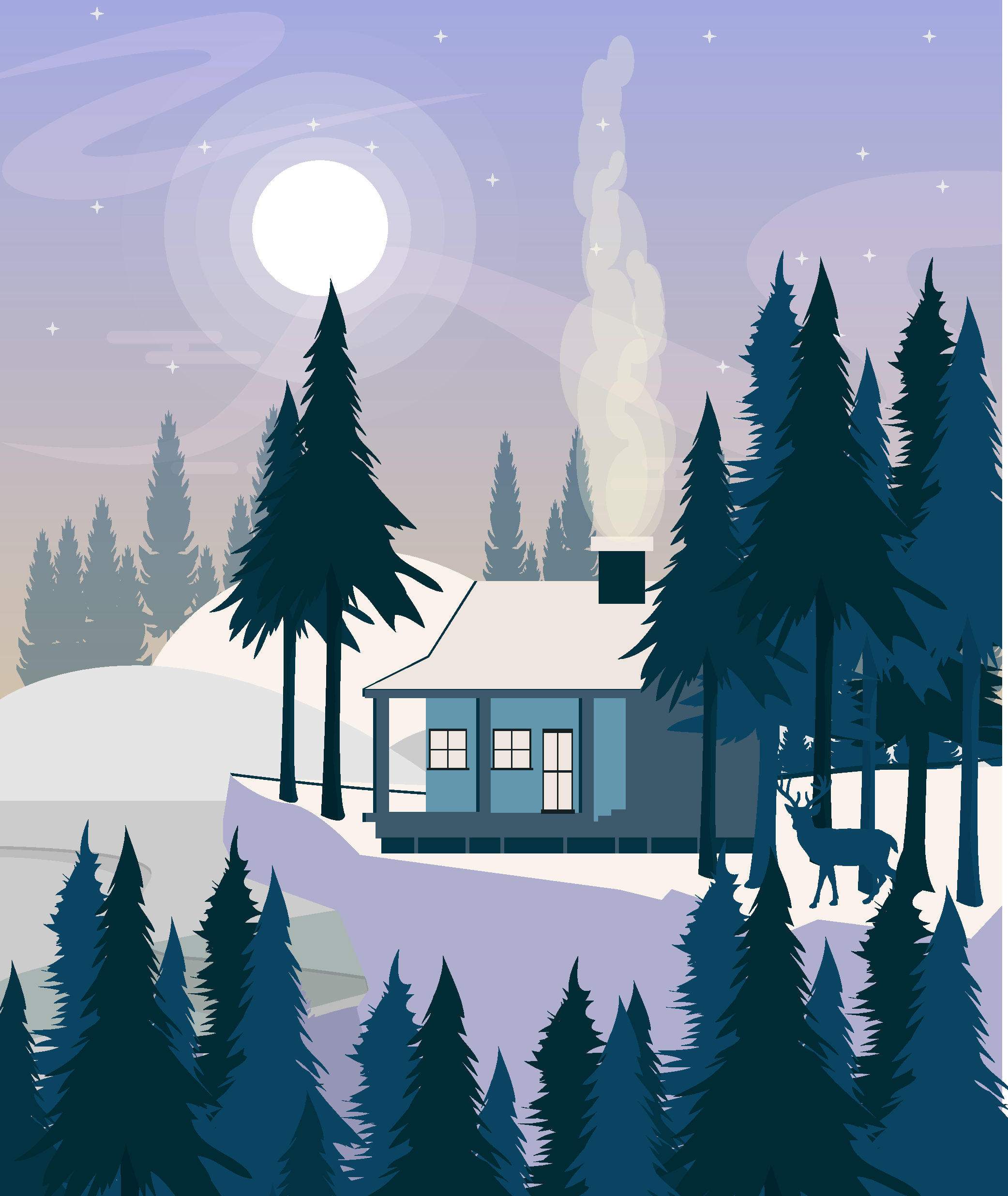 雪夜中的静谧林间小屋素材