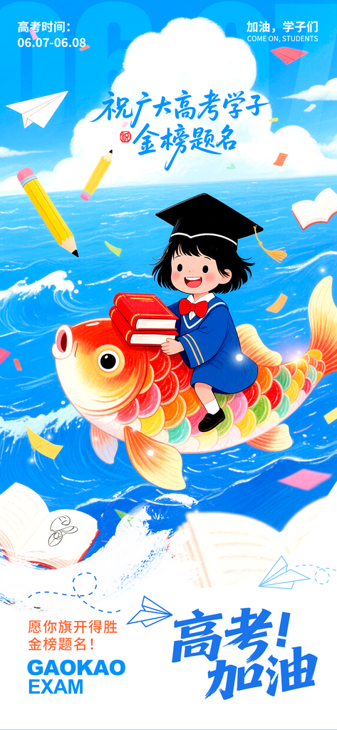 蓝色插画风格高考加油海报素材