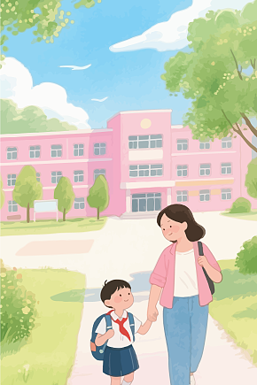 卡通妈妈送孩子上学矢量插画素材下载-众图网