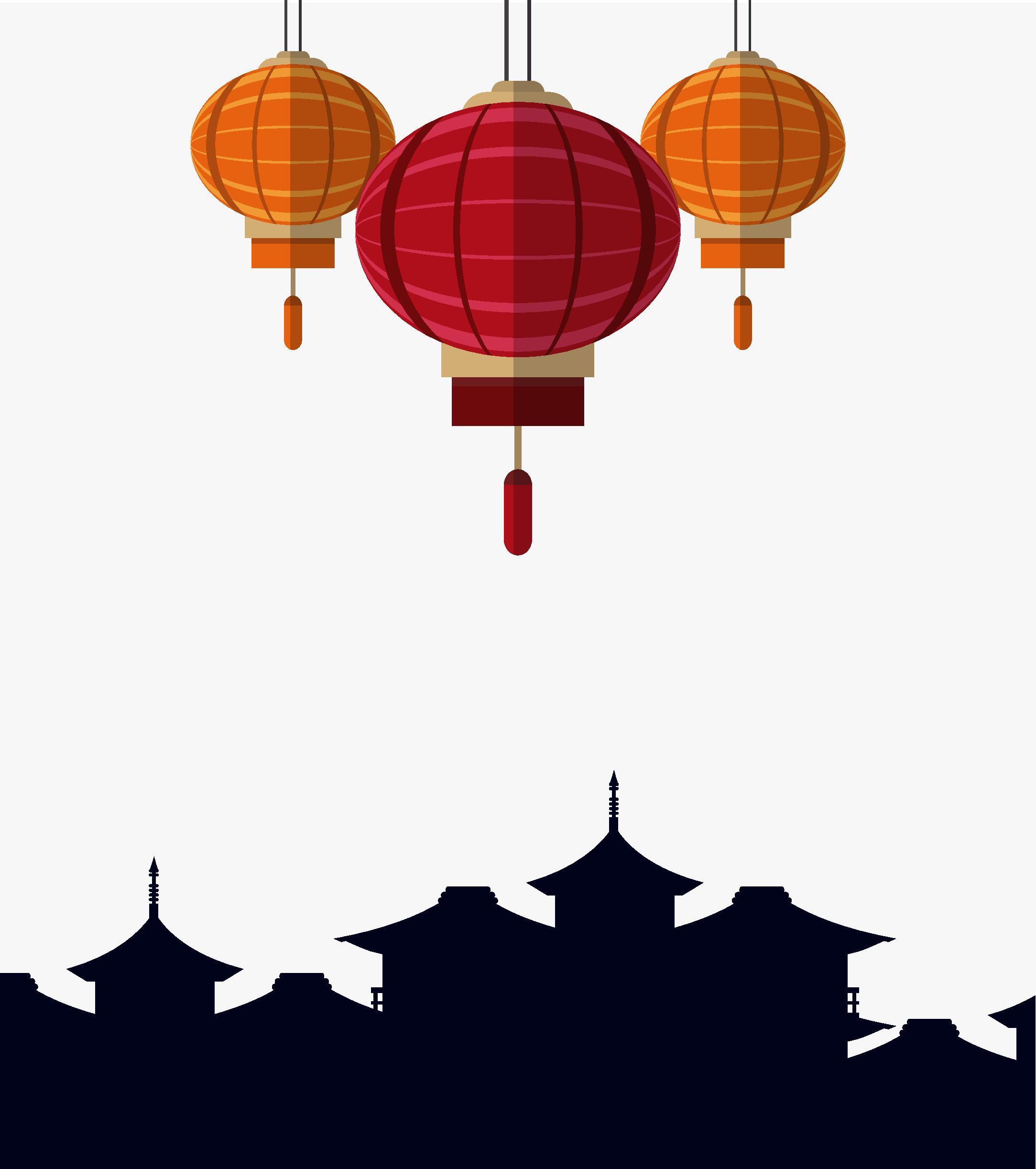 中式灯笼与古建筑剪影素材
