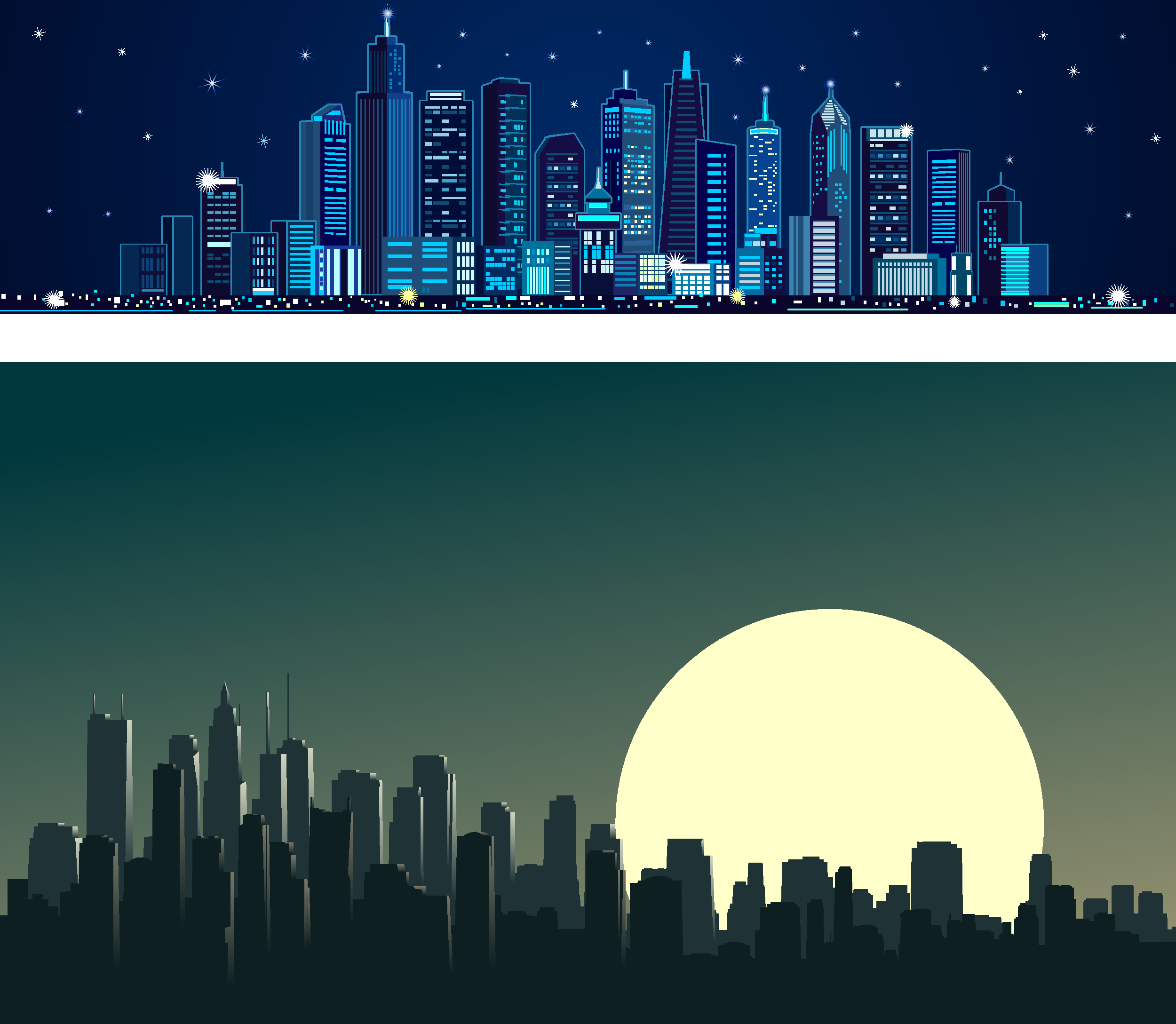 城市夜景与月下都市剪影素材