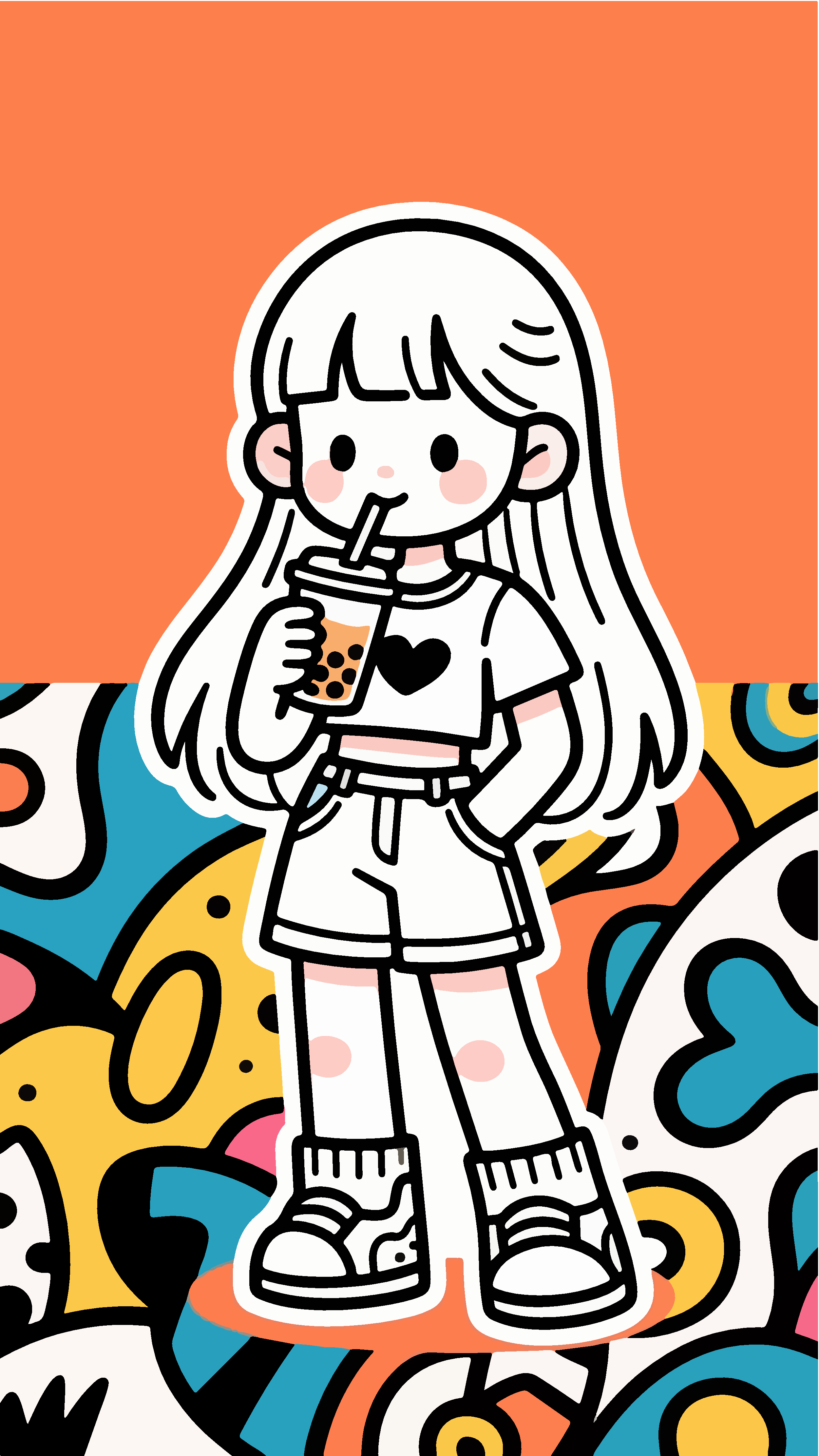 喝奶茶的女孩童趣插画素材