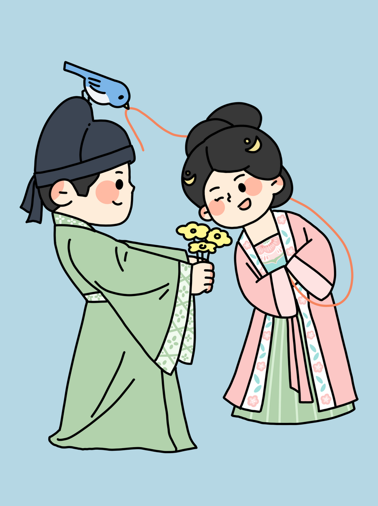 描边插画风七夕浪漫爱情故事人物元素系列素材