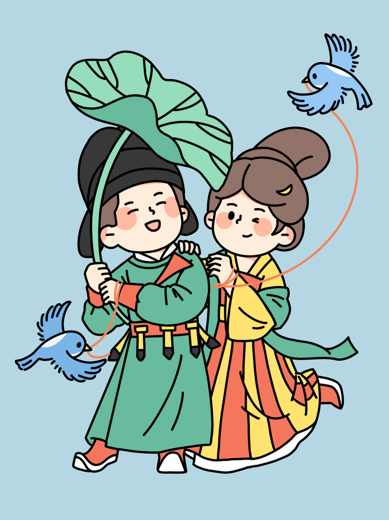 描边插画风七夕浪漫爱情故事人物元素系列素材