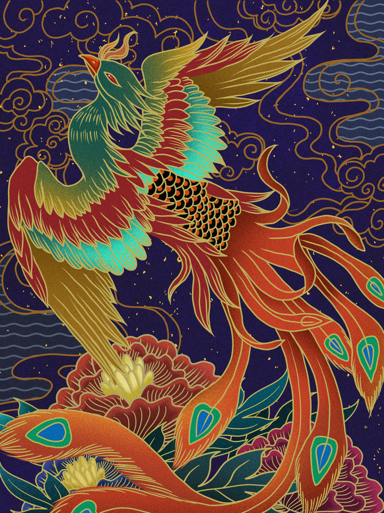 中国风复古国潮凤凰牡丹插画素材