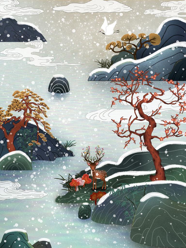 中国风冬季复古水墨梅花插画素材