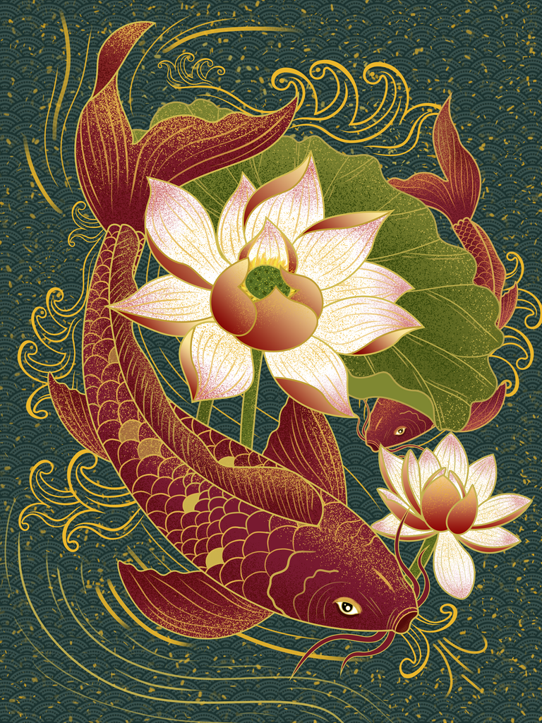 原创中国复古国潮金鱼荷花插画素材