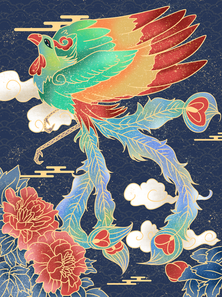 复古国潮中国凤凰牡丹花祥云插画素材
