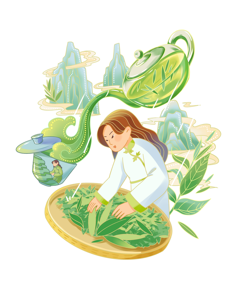 采茶女山水茶叶炒茶元素插画PSD源文件素素材