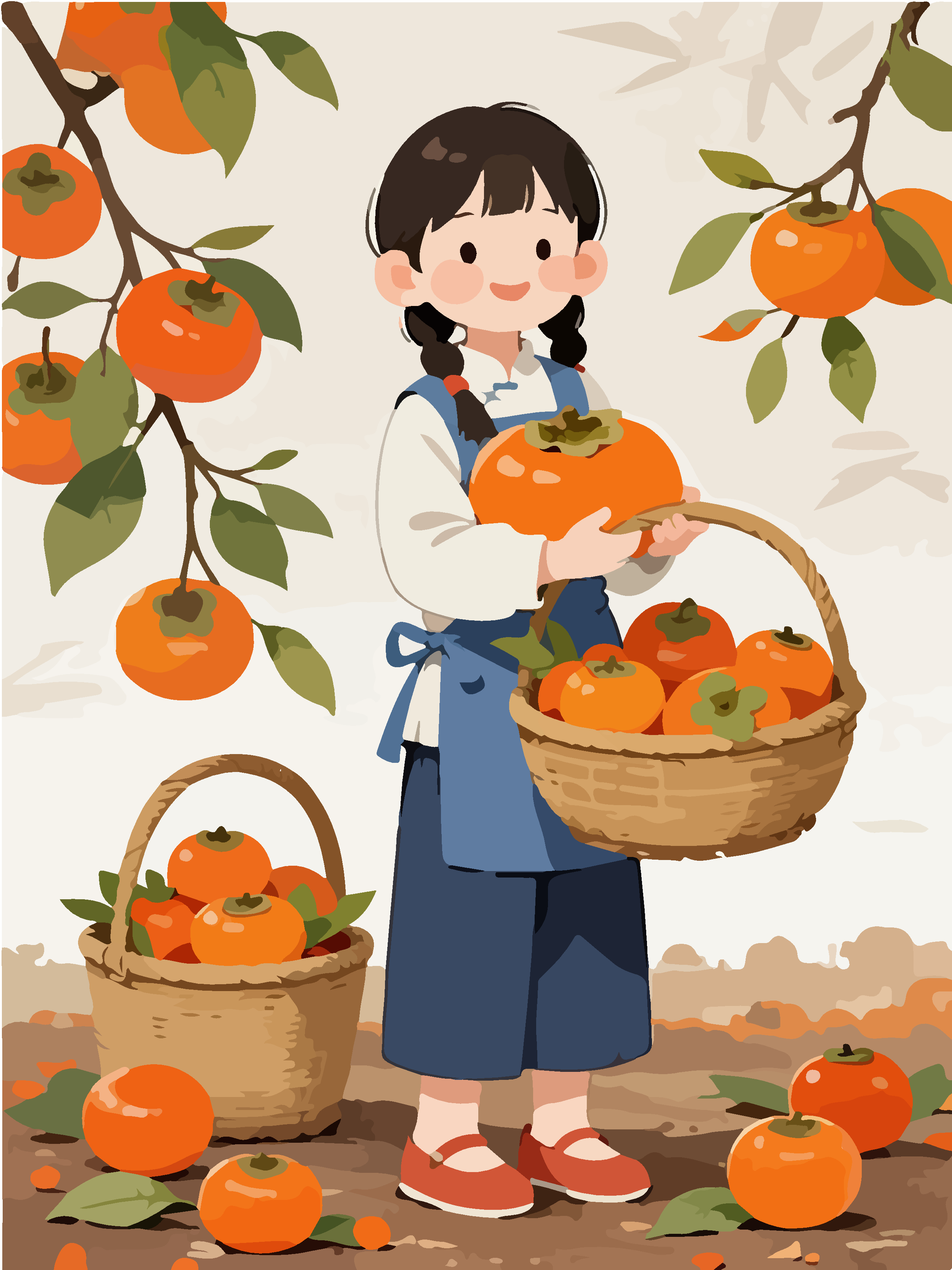 卡通农家小女孩抱着大柿子素材