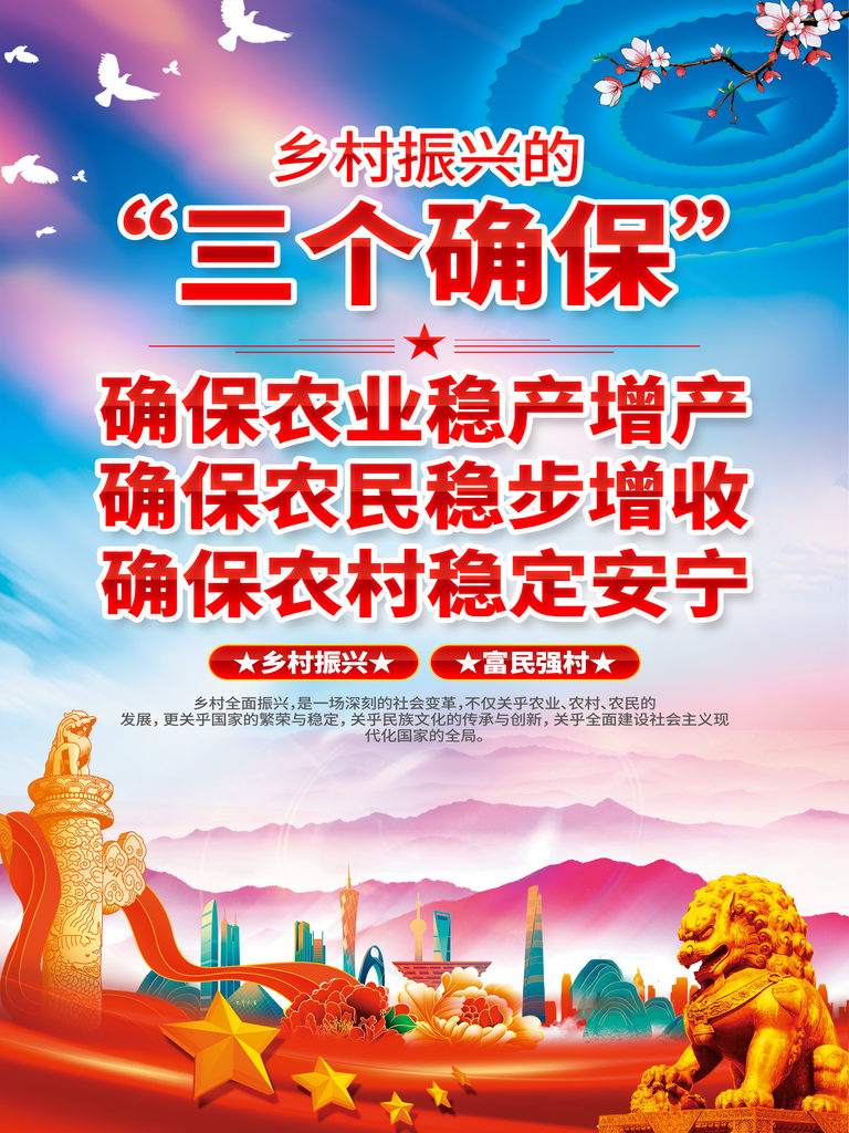 红色简约乡村振兴的三个确保党建宣传海报素材
