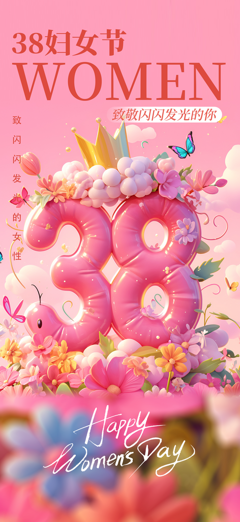 三八国际妇女节粉色花卉装饰的女性主题数字素材