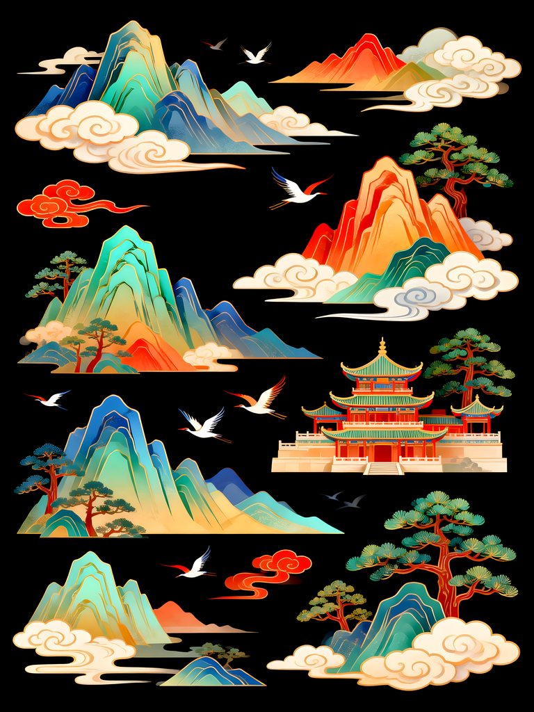 简约大气国潮山脉元素素材