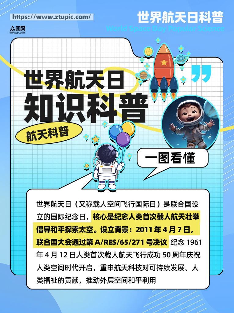 世界航天日知识科普小红书海报素材