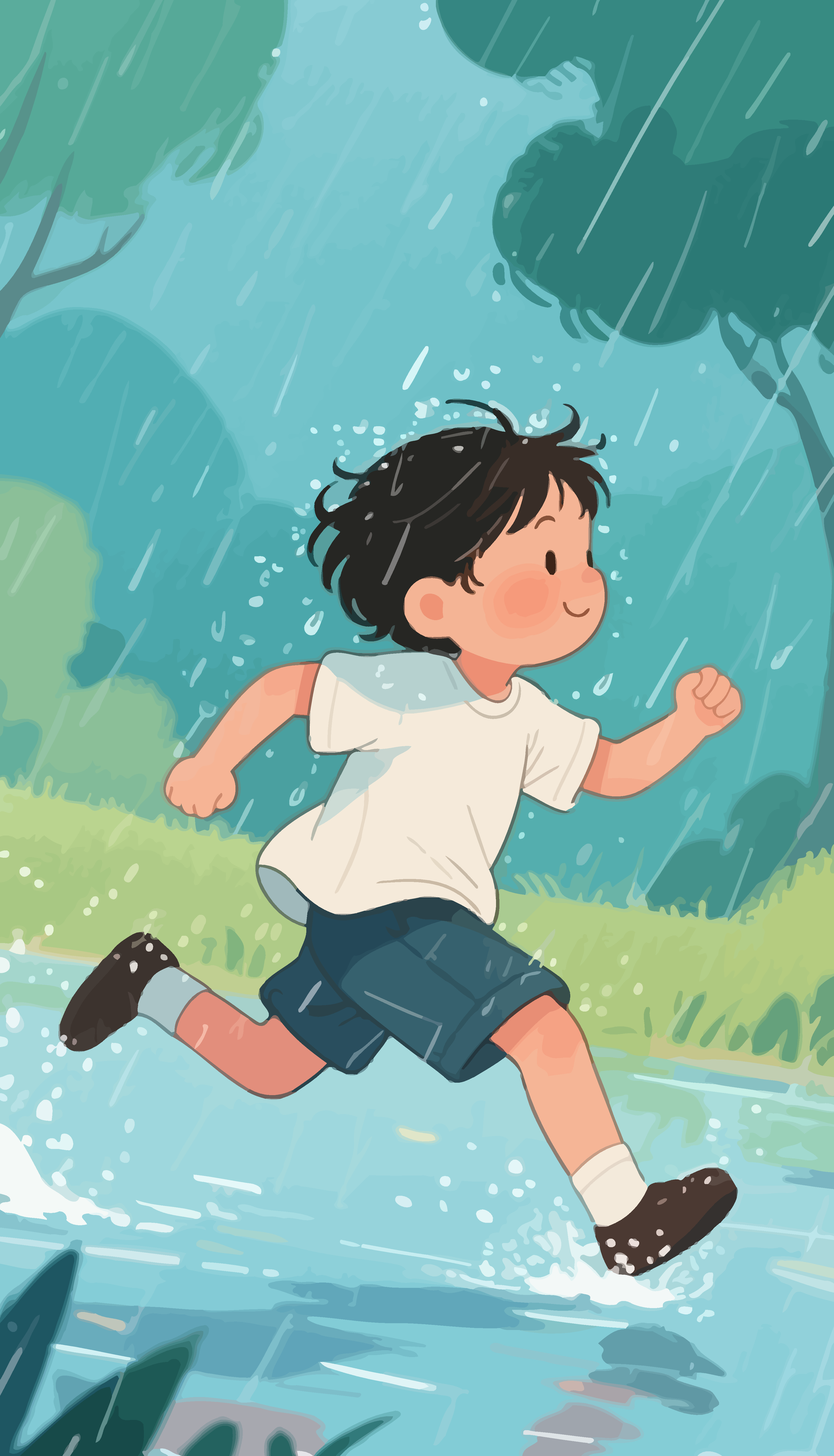 矢量在雨中奔跑的小孩素材